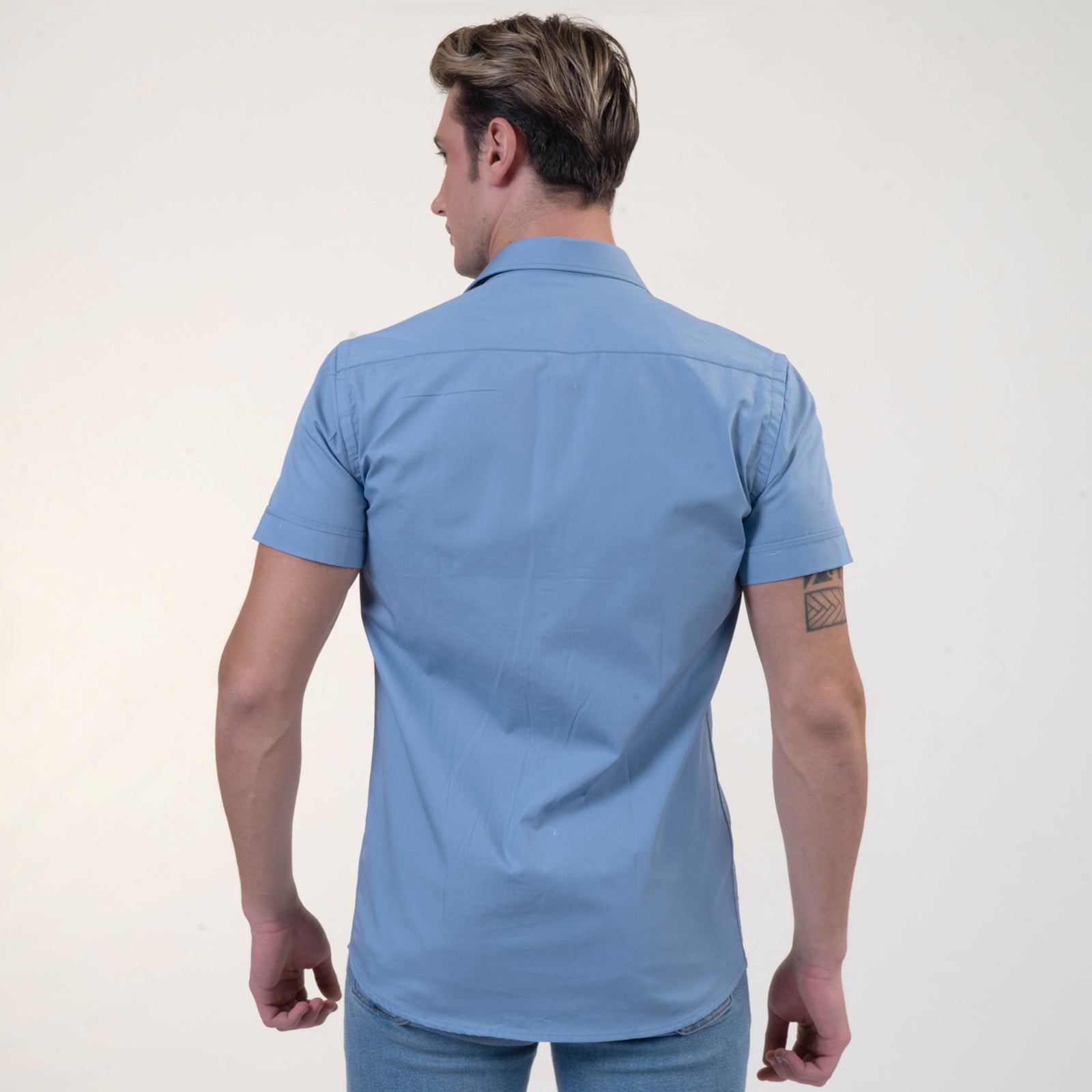 Solid Blue With White Mens Short Sleeve Button up Shirts - Tailored Slim Fit Cotton Dress Shirts - Image 4