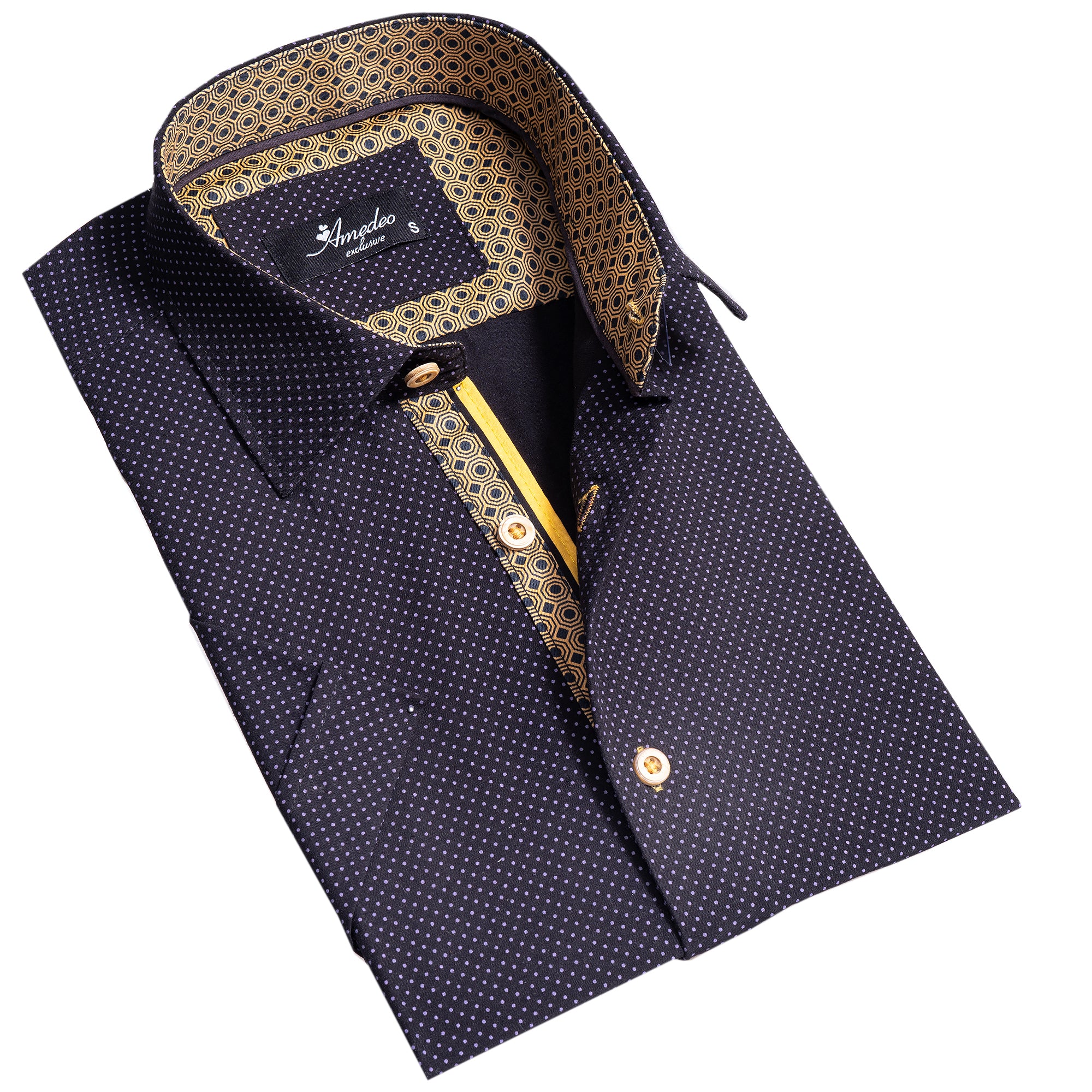 Black and Gold Mens Short Sleeve Button up Shirts - Tailored Slim Fit Cotton Dress Shirts