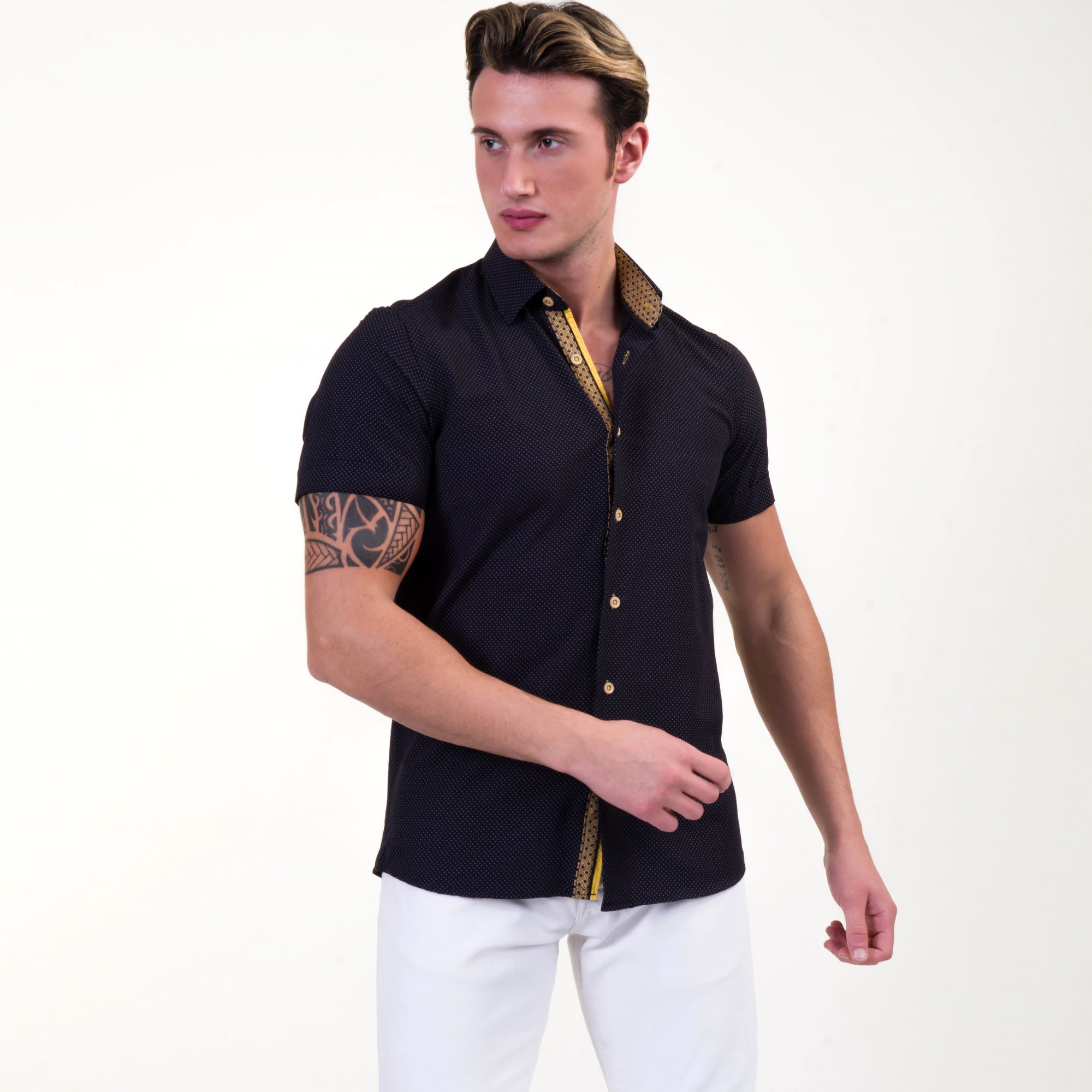 Black and Gold Mens Short Sleeve Button up Shirts - Tailored Slim Fit Cotton Dress Shirts - Image 2
