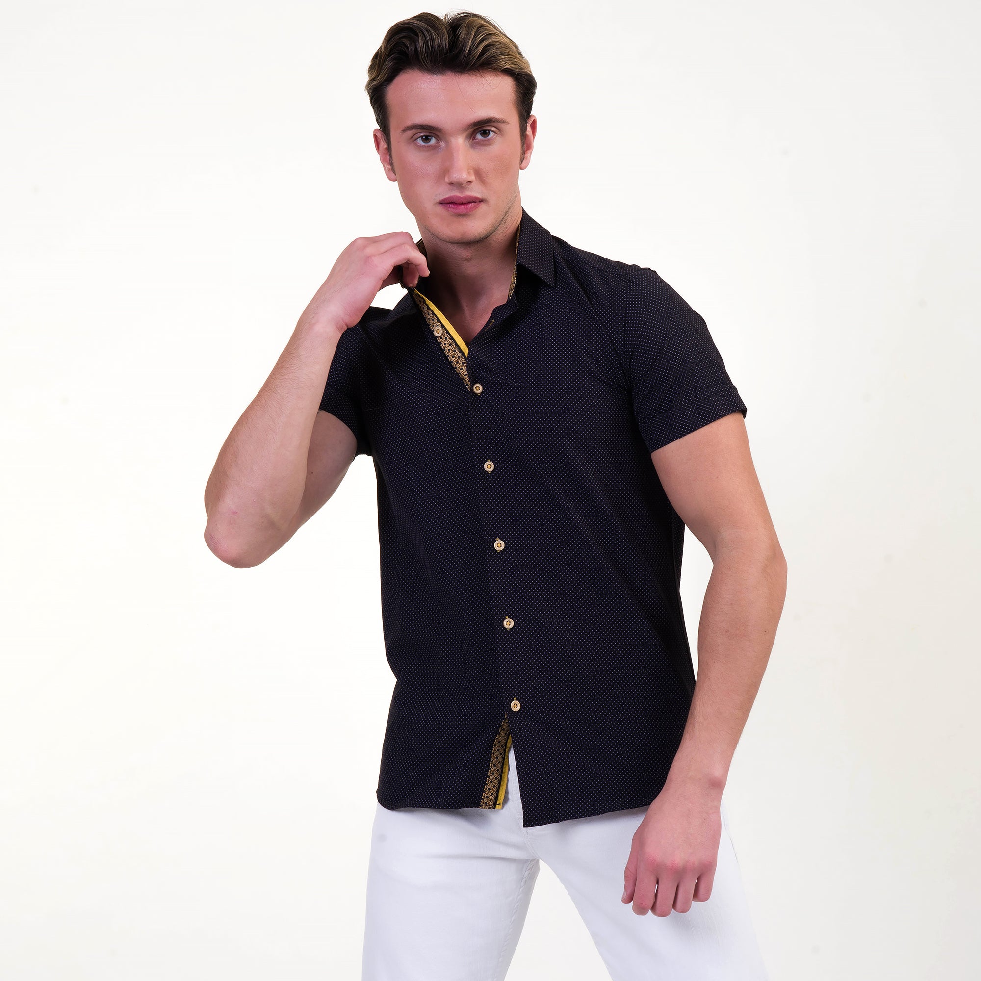 Black and Gold Mens Short Sleeve Button up Shirts - Tailored Slim Fit Cotton Dress Shirts - Image 3