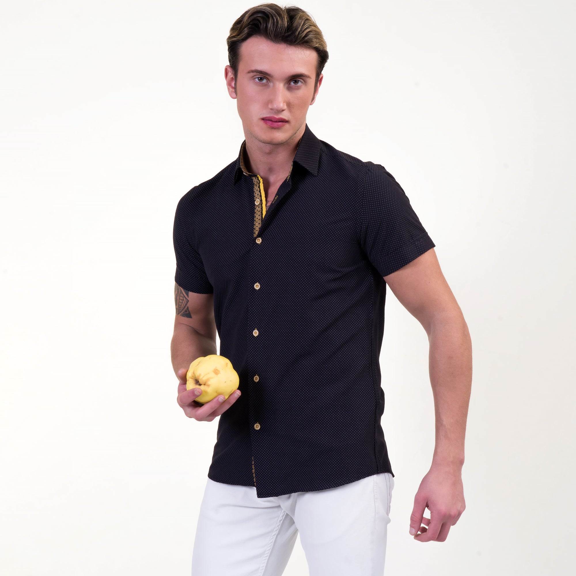 Black and Gold Mens Short Sleeve Button up Shirts - Tailored Slim Fit Cotton Dress Shirts - Image 4