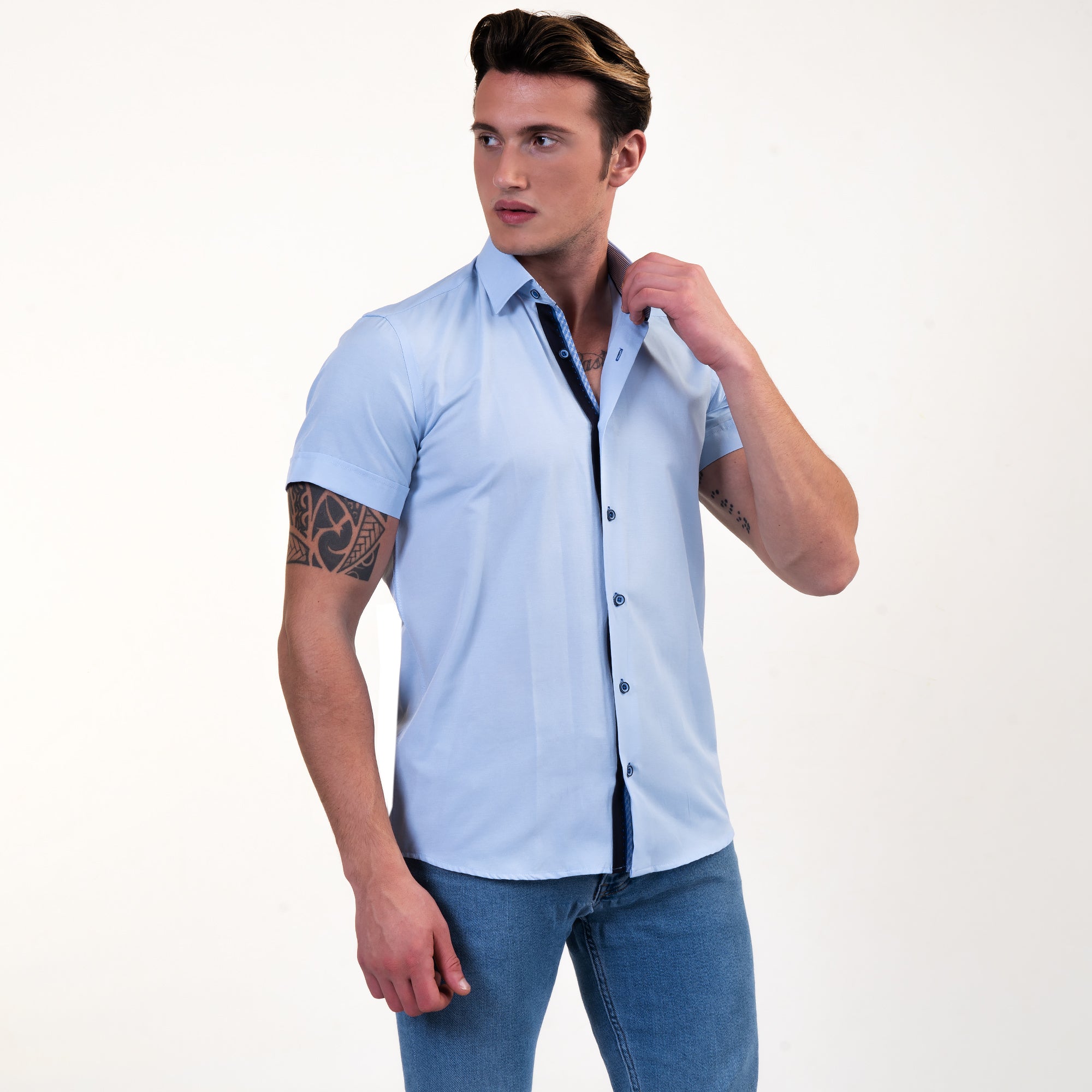 Soft Light Blue Mens Short Sleeve Button up Shirts - Tailored Slim Fit Cotton Dress Shirts - Image 4