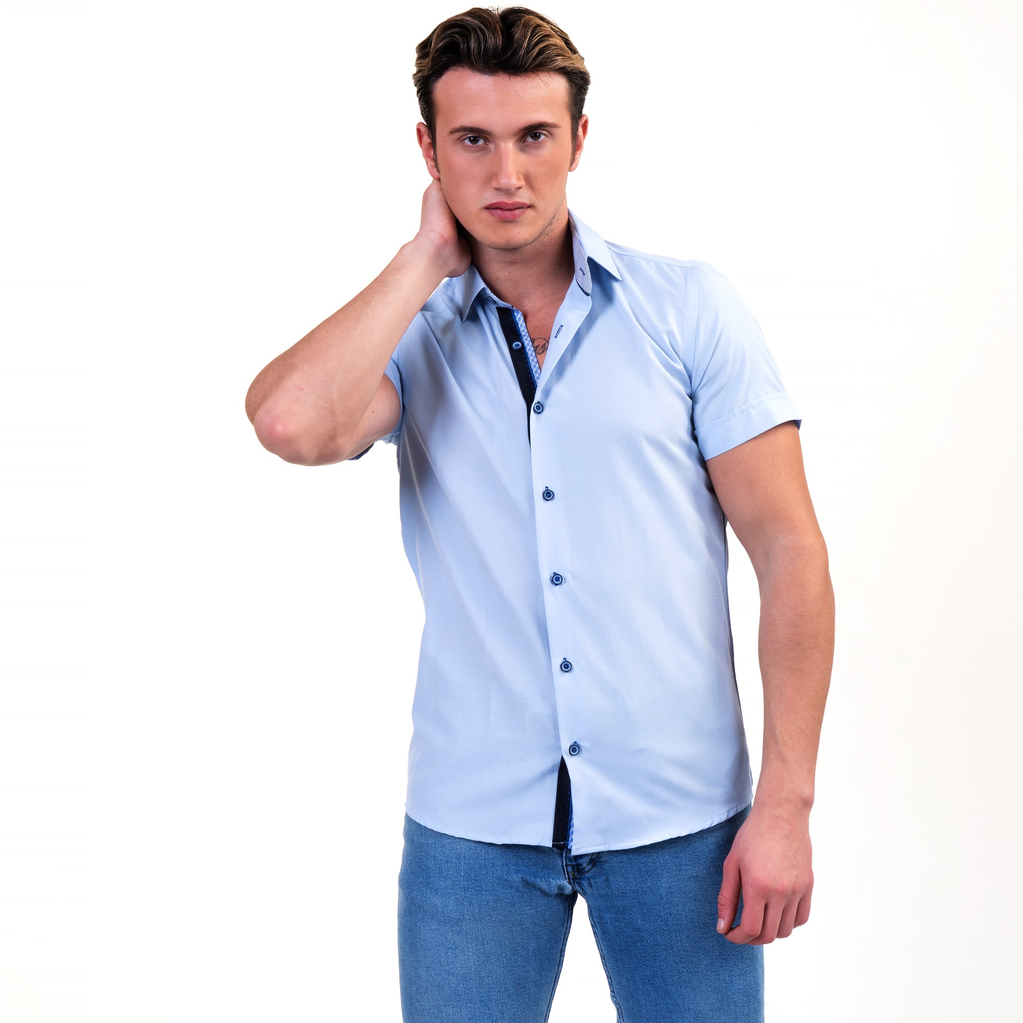 Soft Light Blue Mens Short Sleeve Button up Shirts - Tailored Slim Fit Cotton Dress Shirts - Image 5