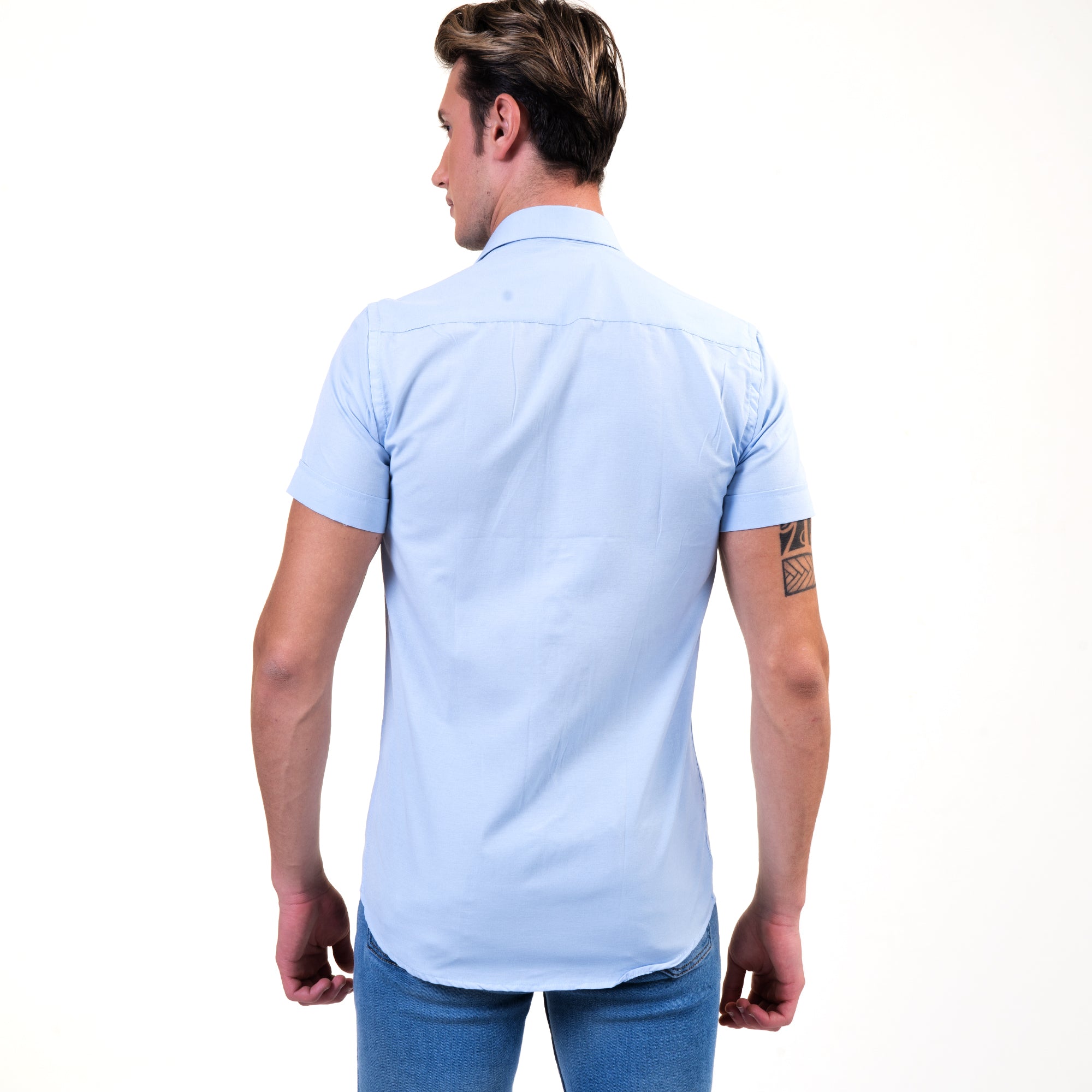 Soft Light Blue Mens Short Sleeve Button up Shirts - Tailored Slim Fit Cotton Dress Shirts - Image 2
