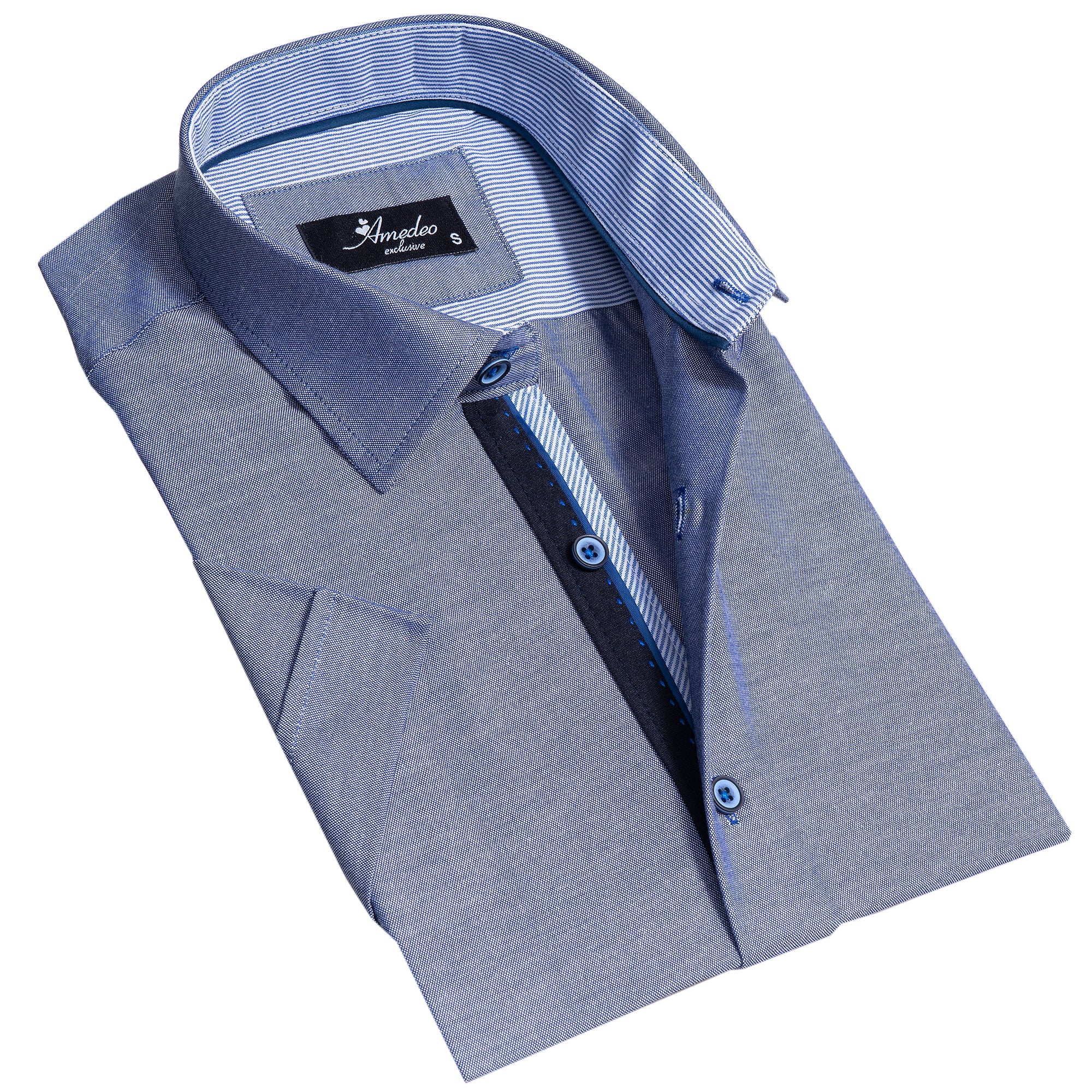 Solid Denim Blue Mens Short Sleeve Button up Shirts - Tailored Slim Fit Cotton Dress Shirts