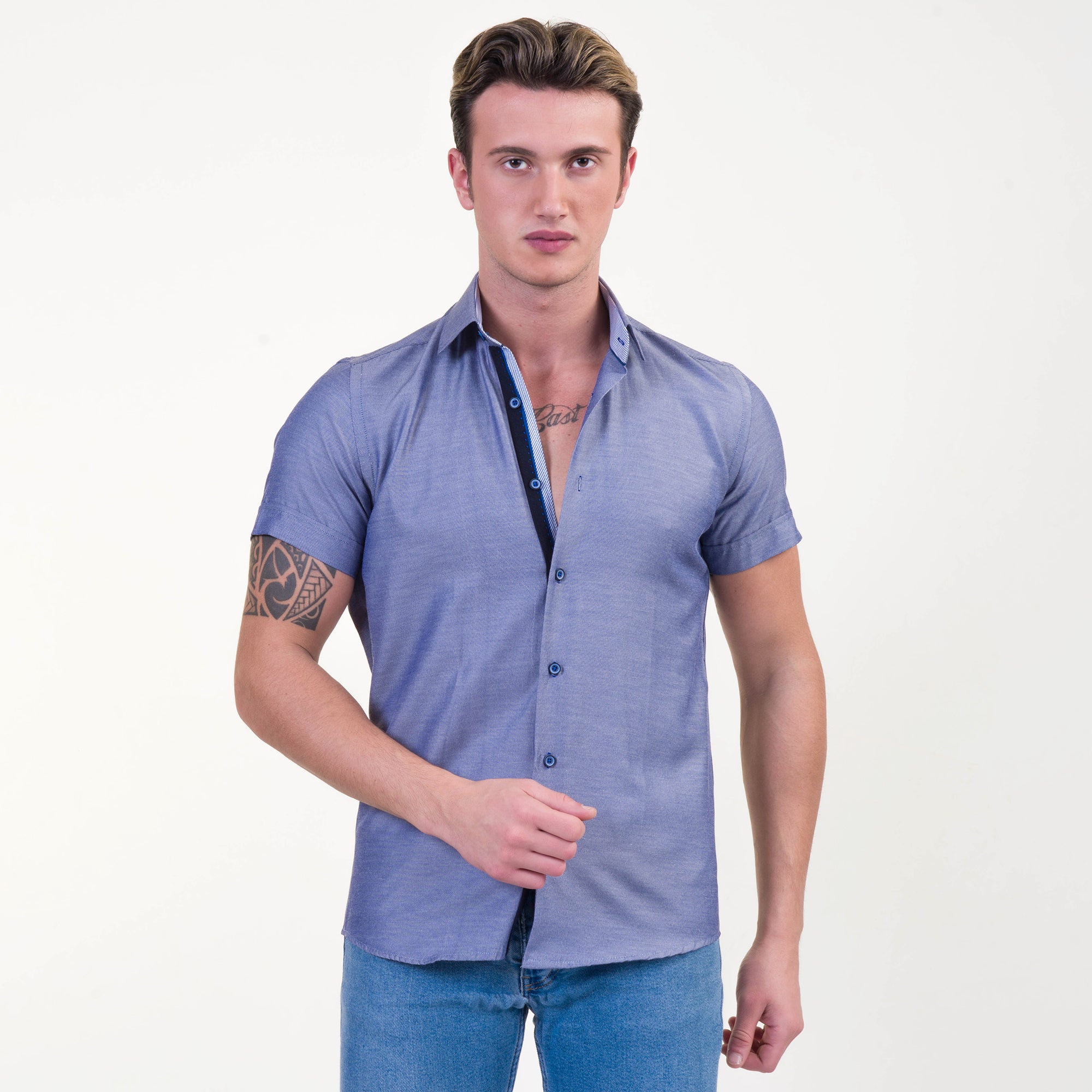 Solid Denim Blue Mens Short Sleeve Button up Shirts - Tailored Slim Fit Cotton Dress Shirts - Image 2