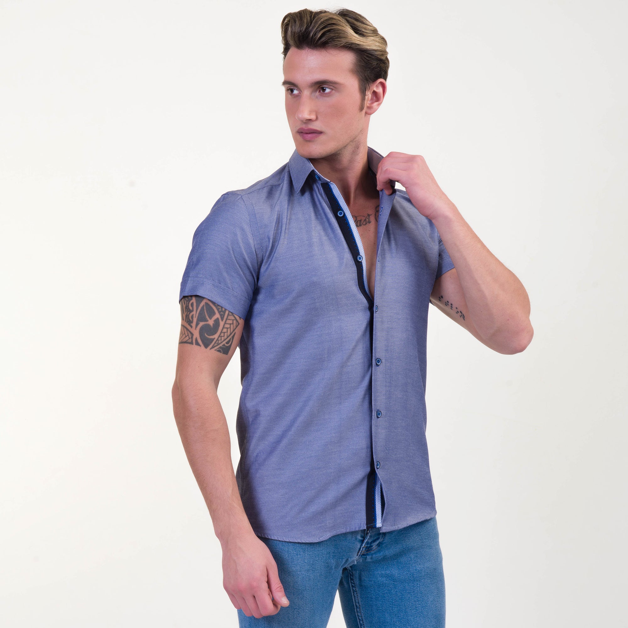 Solid Denim Blue Mens Short Sleeve Button up Shirts - Tailored Slim Fit Cotton Dress Shirts - Image 4