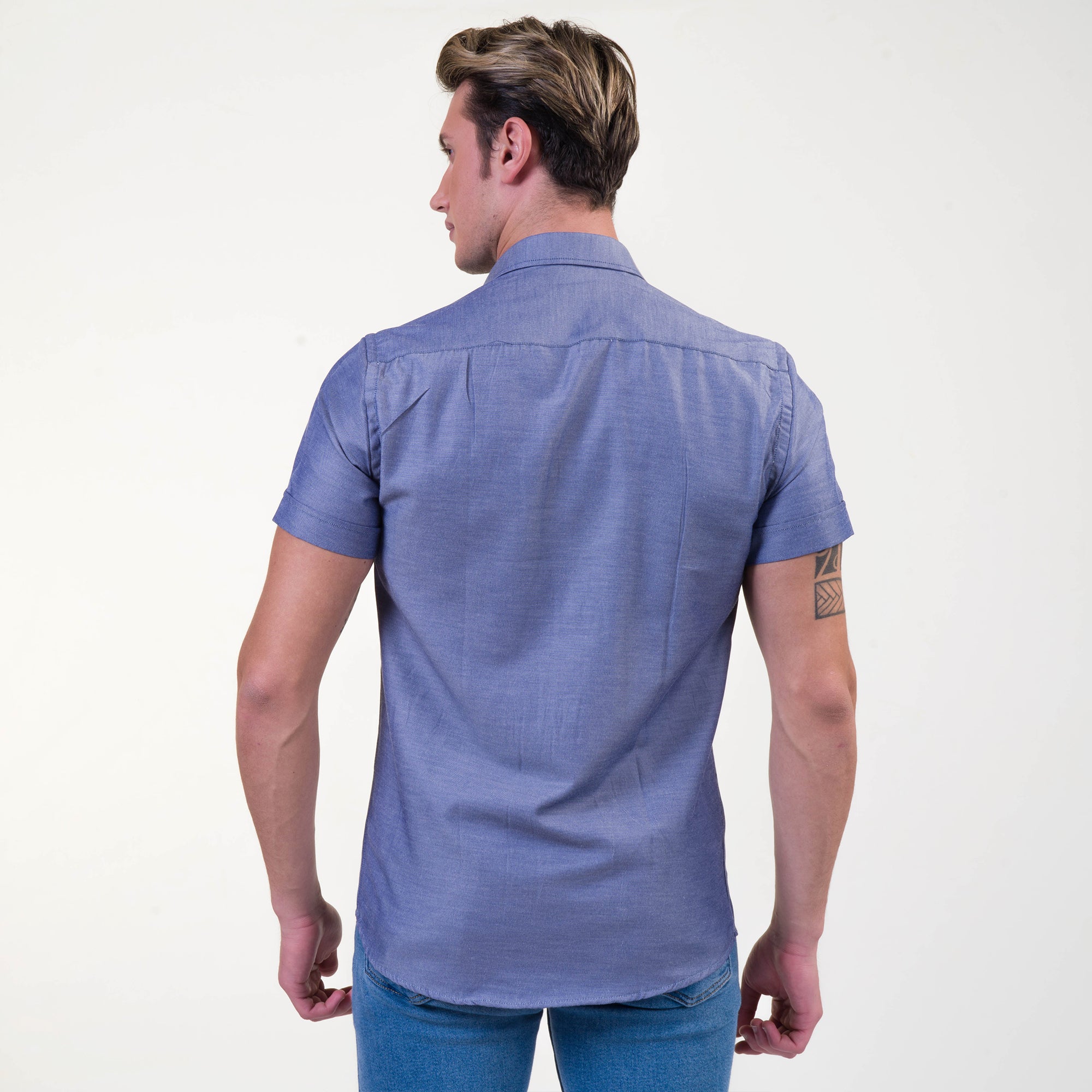Solid Denim Blue Mens Short Sleeve Button up Shirts - Tailored Slim Fit Cotton Dress Shirts - Image 5