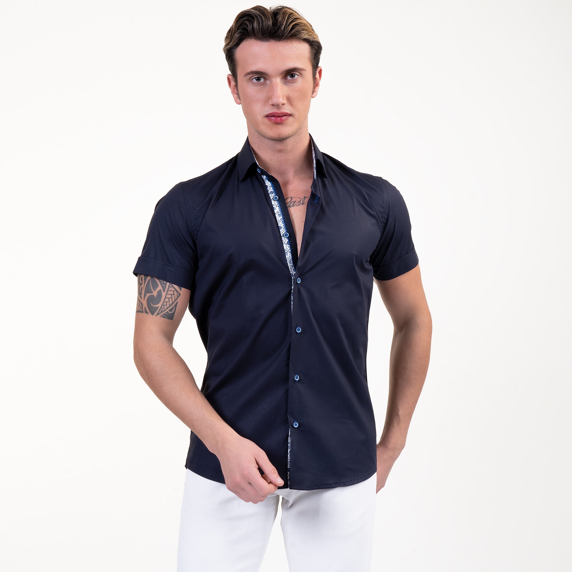 Solid Black Mens Short Sleeve Button up Shirts - Tailored Slim Fit Cotton Dress Shirts - Image 3