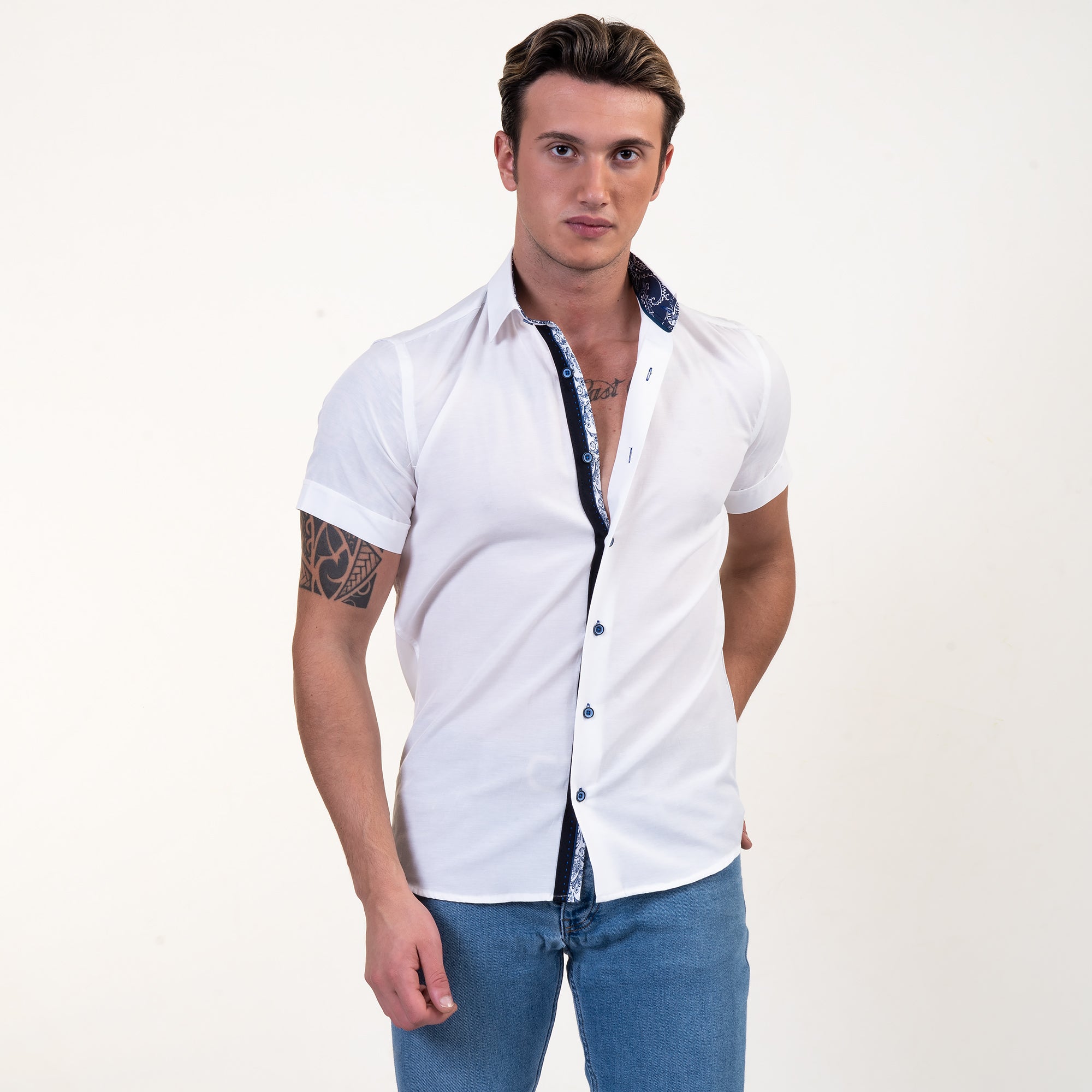 Solid White Mens Short Sleeve Button up Shirts - Tailored Slim Fit Cotton Dress Shirts - Image 5