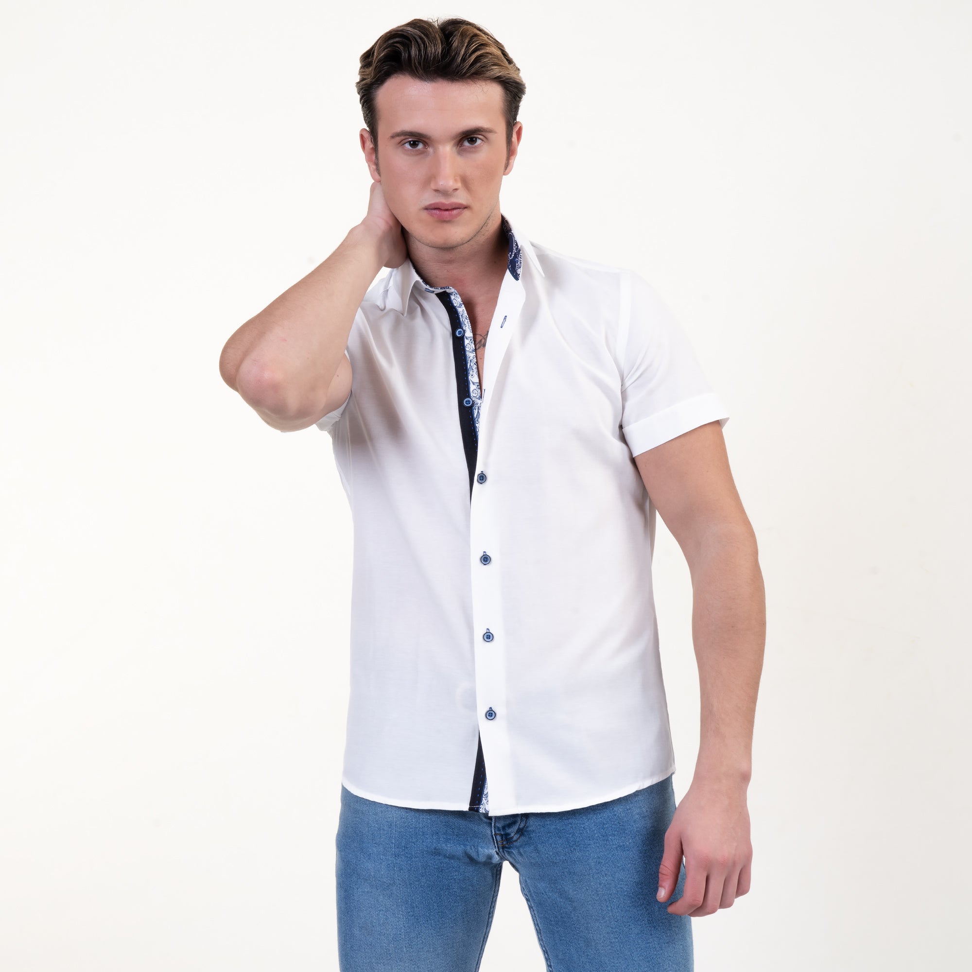 Solid White Mens Short Sleeve Button up Shirts - Tailored Slim Fit Cotton Dress Shirts - Image 2