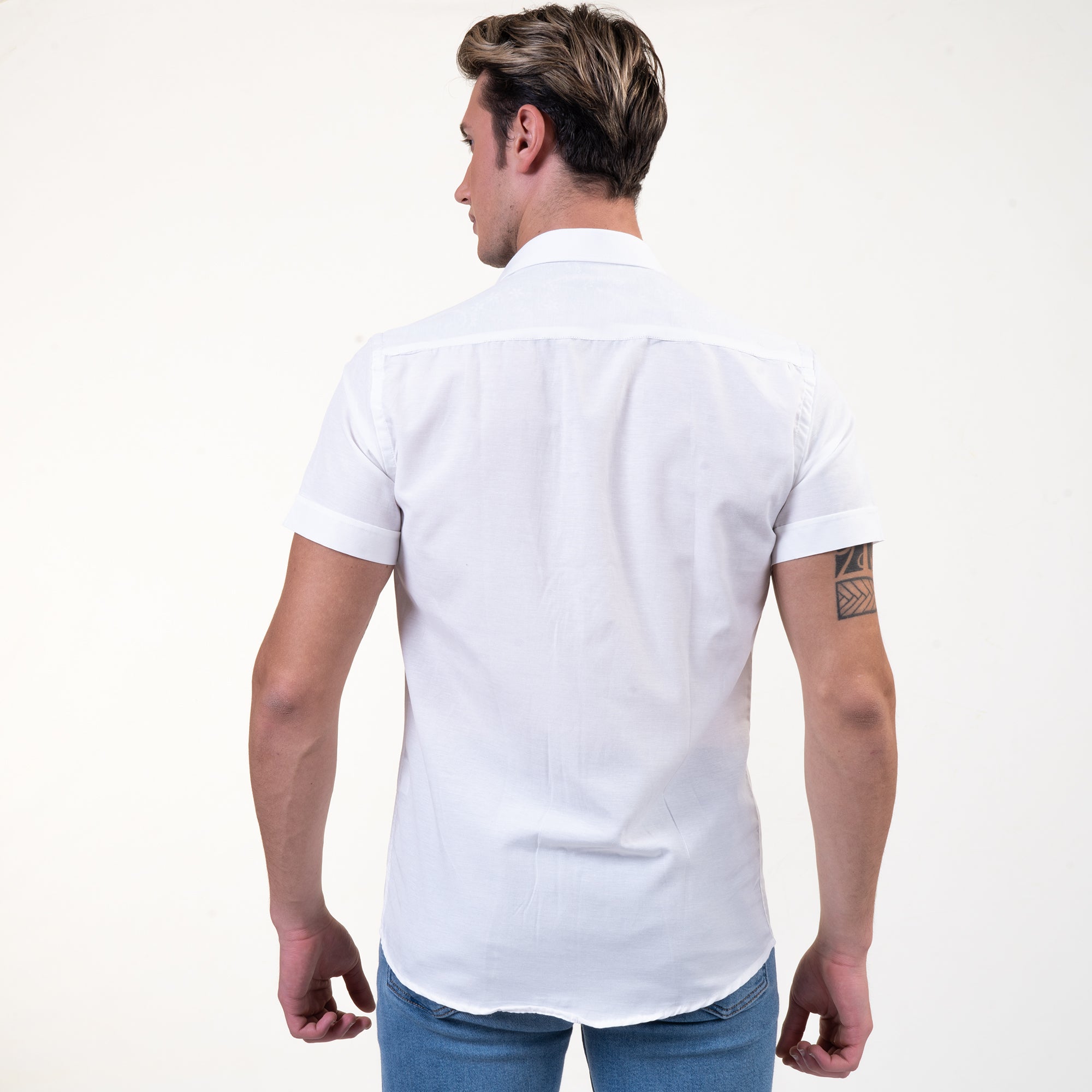 Solid White Mens Short Sleeve Button up Shirts - Tailored Slim Fit Cotton Dress Shirts - Image 3