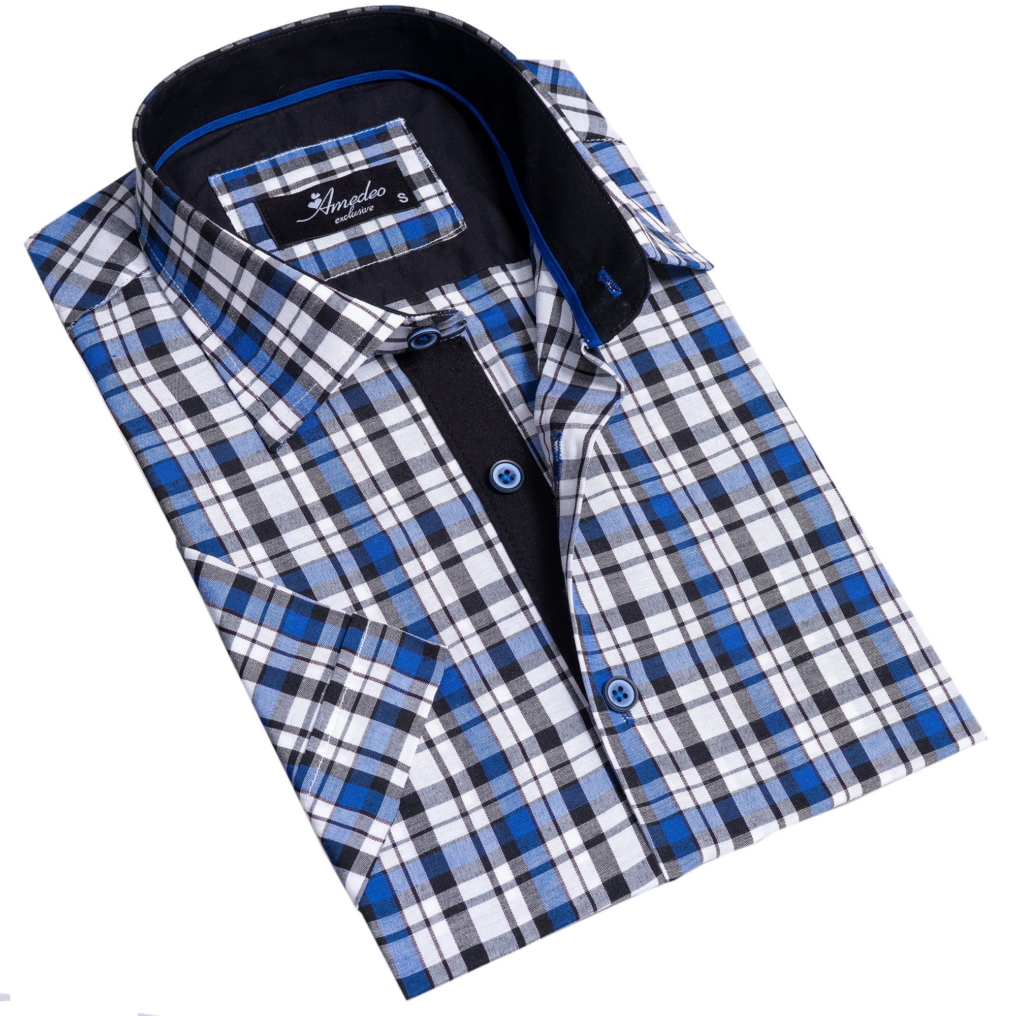 Blue & White Checkered Mens Short Sleeve Button up Shirts - Tailored Slim Fit Cotton Dress Shirts