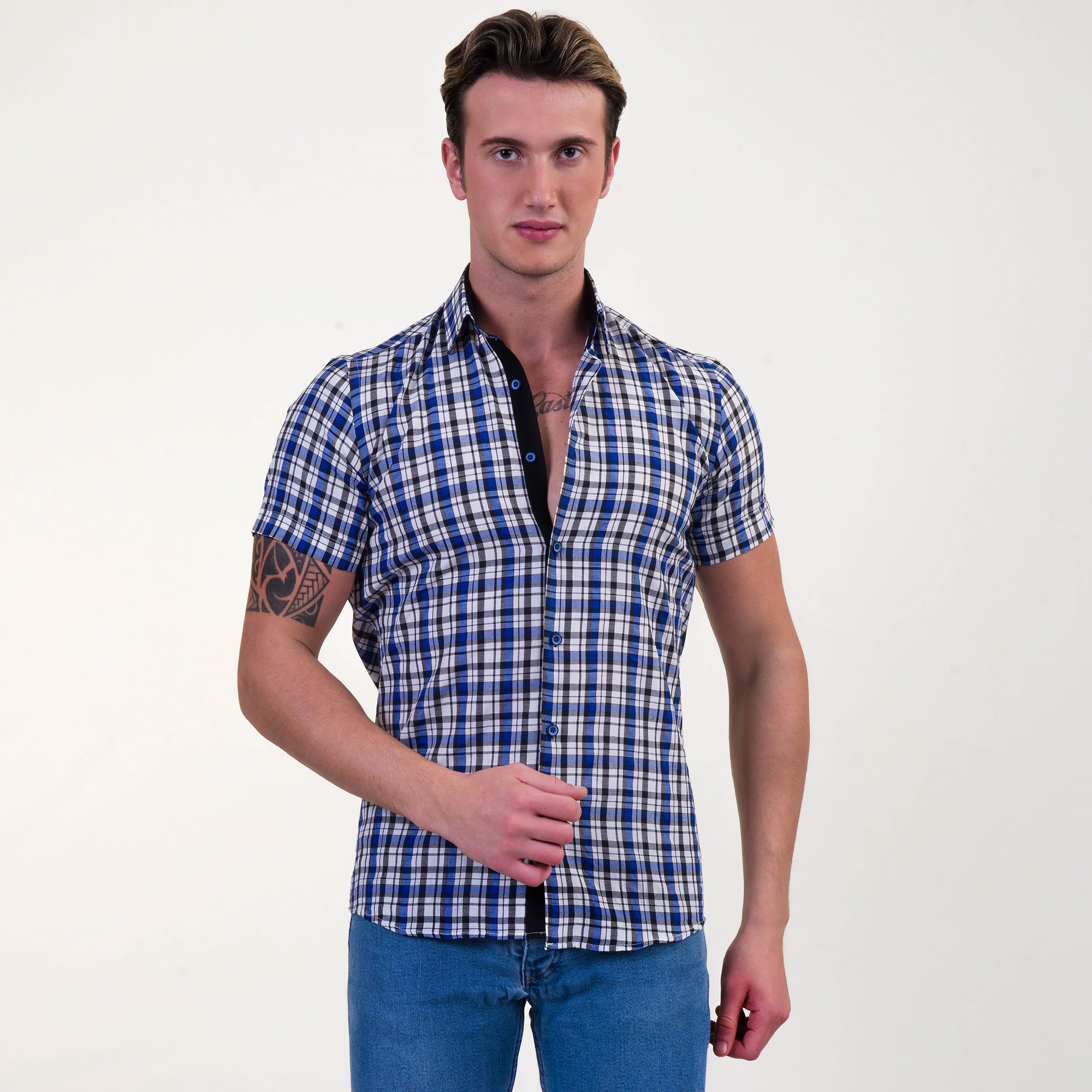Blue & White Checkered Mens Short Sleeve Button up Shirts - Tailored Slim Fit Cotton Dress Shirts - Image 2