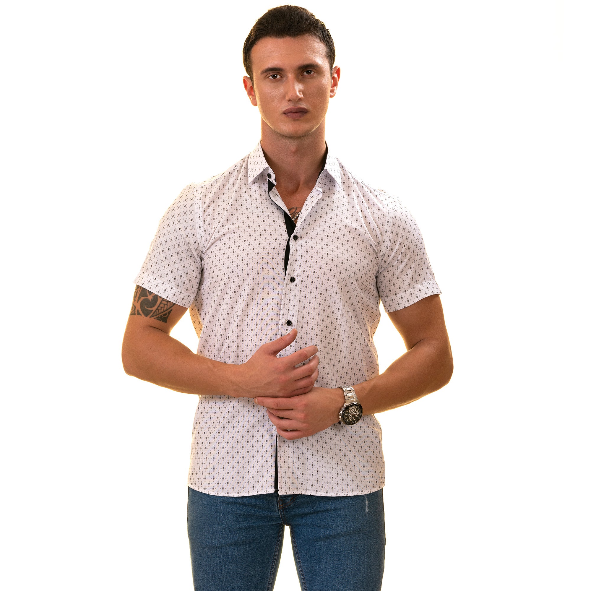 White with Black Printed Paisley Short Sleeve Button-Up Shirt - Slim Fit Cotton - Image 5