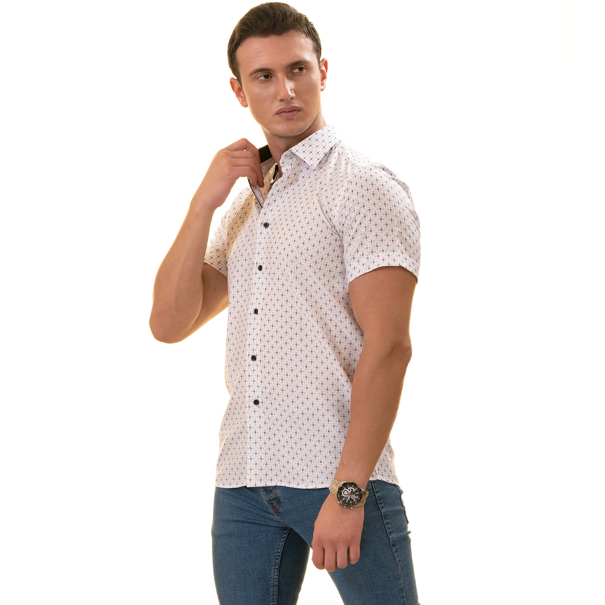 White with Black Printed Paisley Short Sleeve Button-Up Shirt - Slim Fit Cotton - Image 4