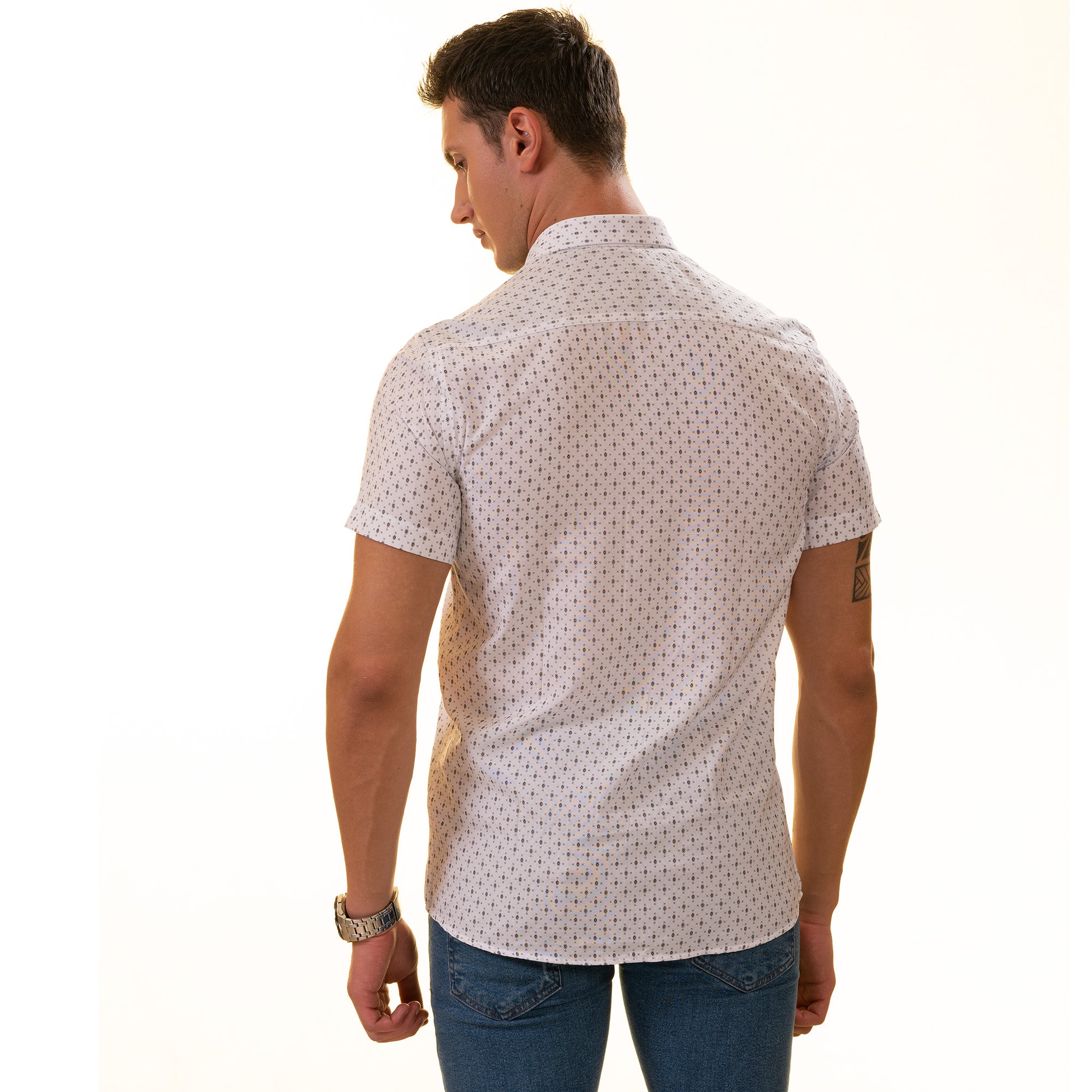 White with Black Printed Paisley Short Sleeve Button-Up Shirt - Slim Fit Cotton - Image 2