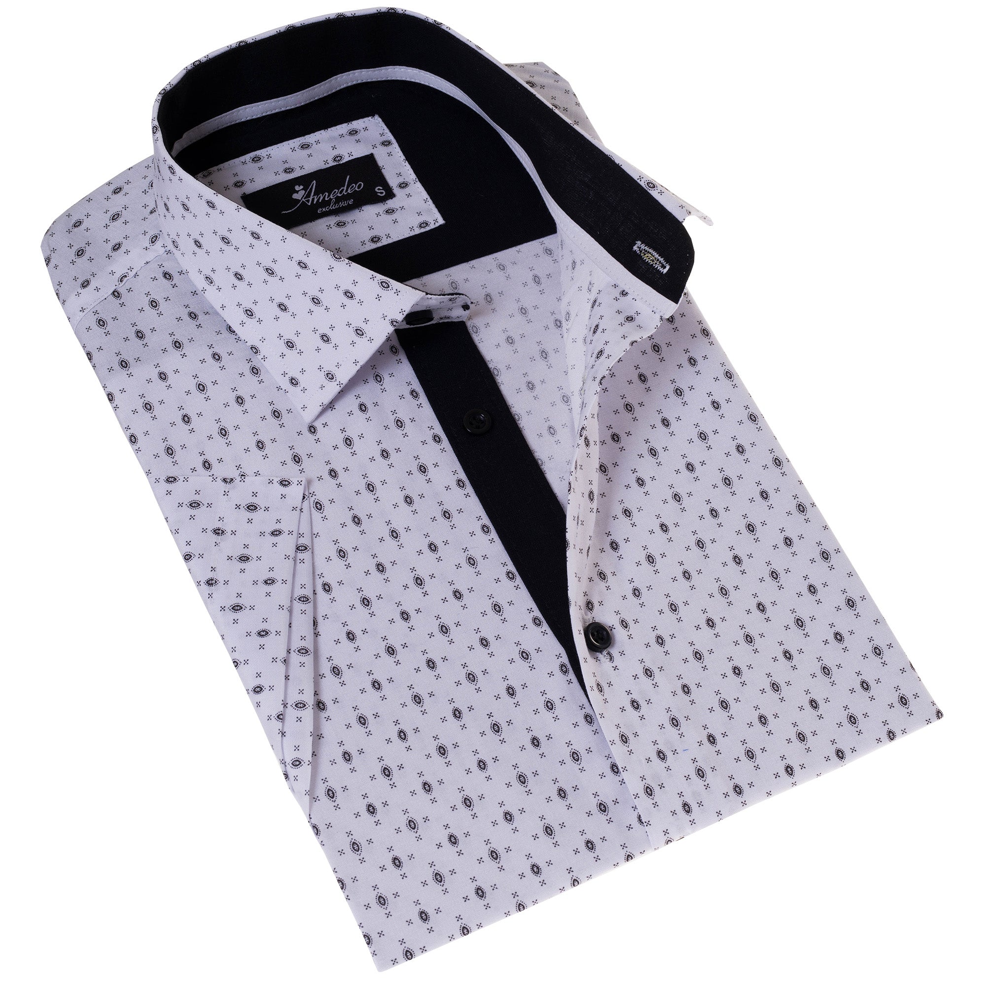 White with Black Printed Paisley Short Sleeve Button-Up Shirt - Slim Fit Cotton