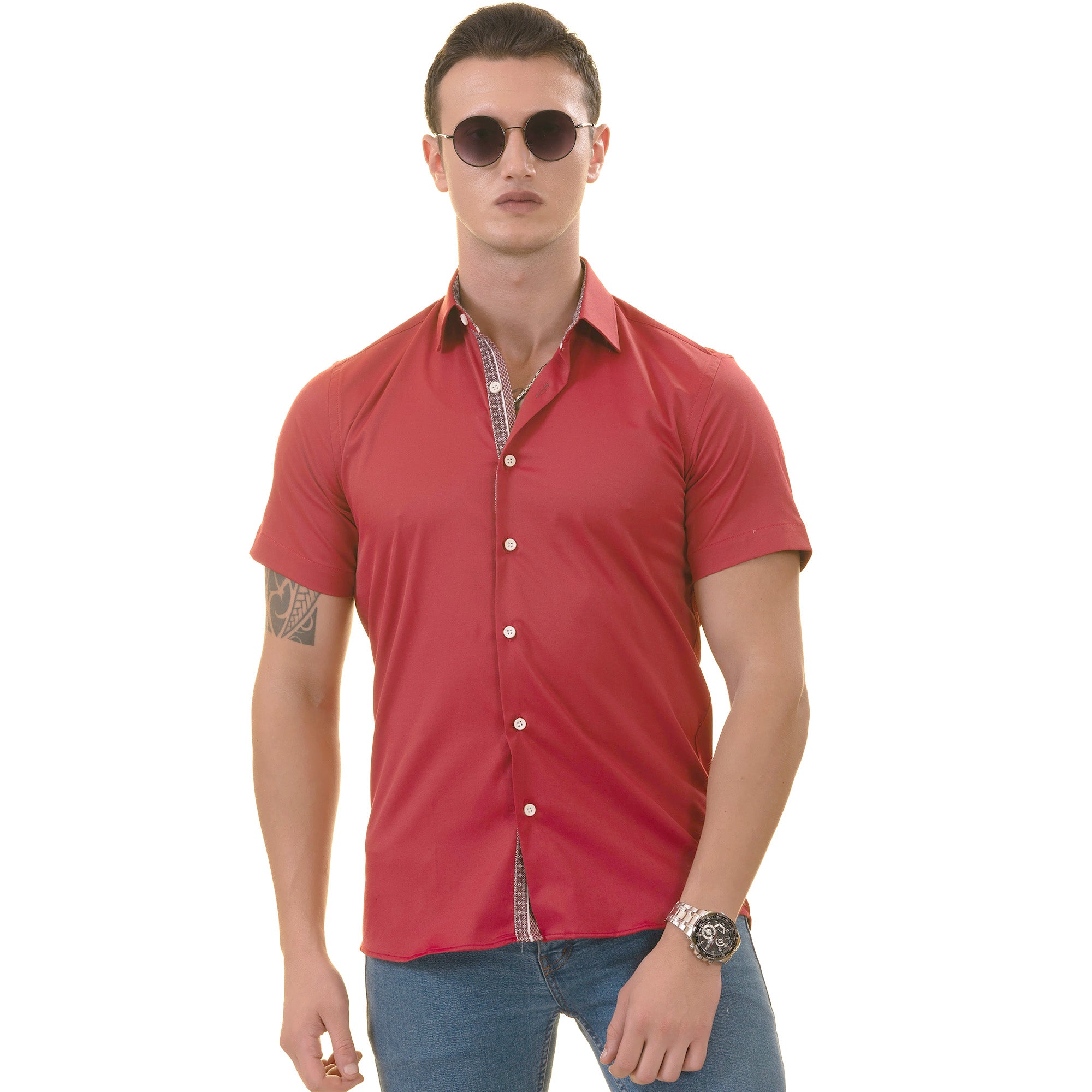 Red with Burgundy Interior Paisley Short Sleeve Button-Up Shirt - Slim Fit Cotton - Image 2