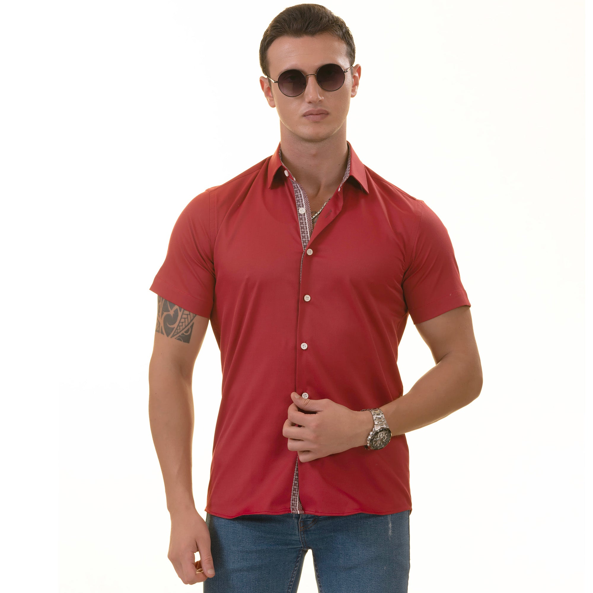 Red with Burgundy Interior Paisley Short Sleeve Button-Up Shirt - Slim Fit Cotton - Image 3