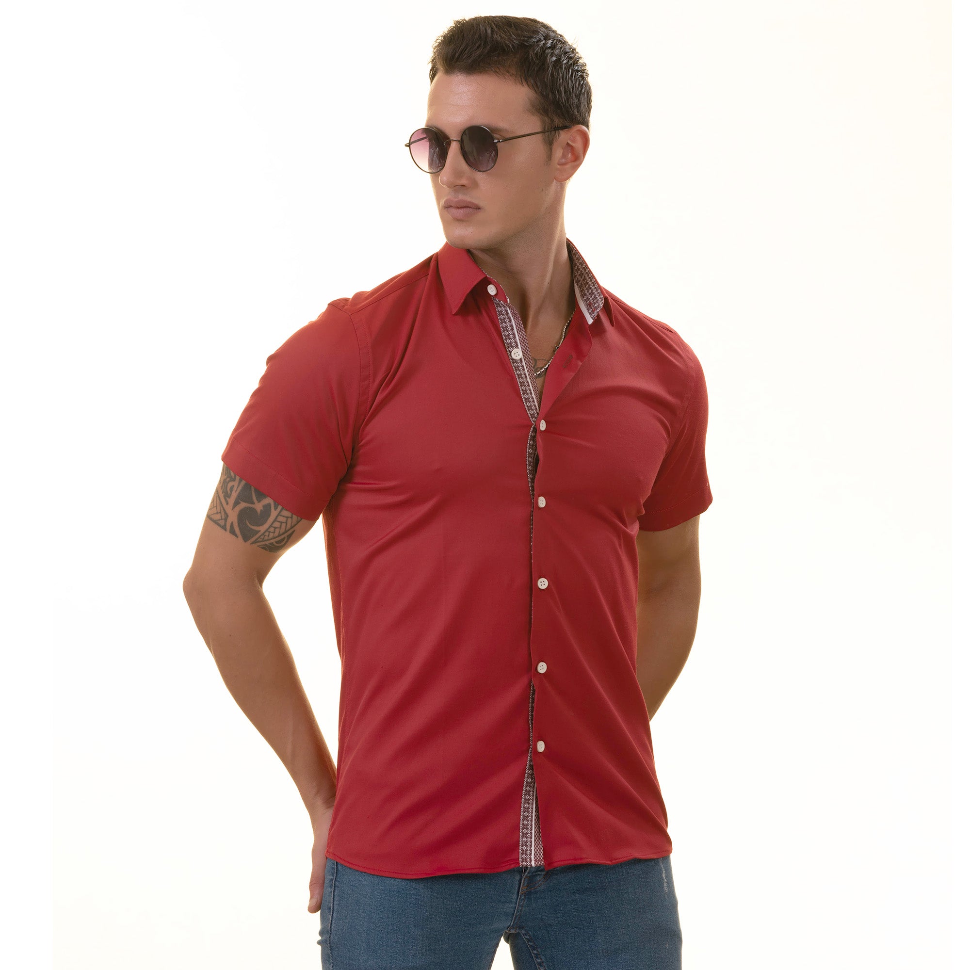 Red with Burgundy Interior Paisley Short Sleeve Button-Up Shirt - Slim Fit Cotton - Image 4