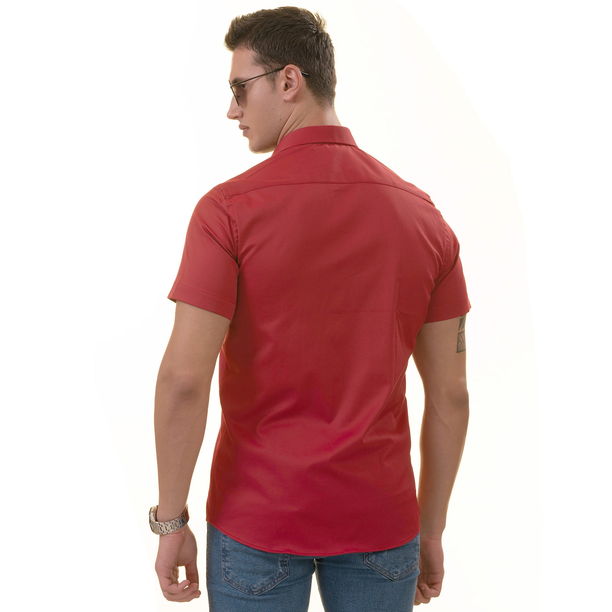 Red with Burgundy Interior Paisley Short Sleeve Button-Up Shirt - Slim Fit Cotton - Image 5