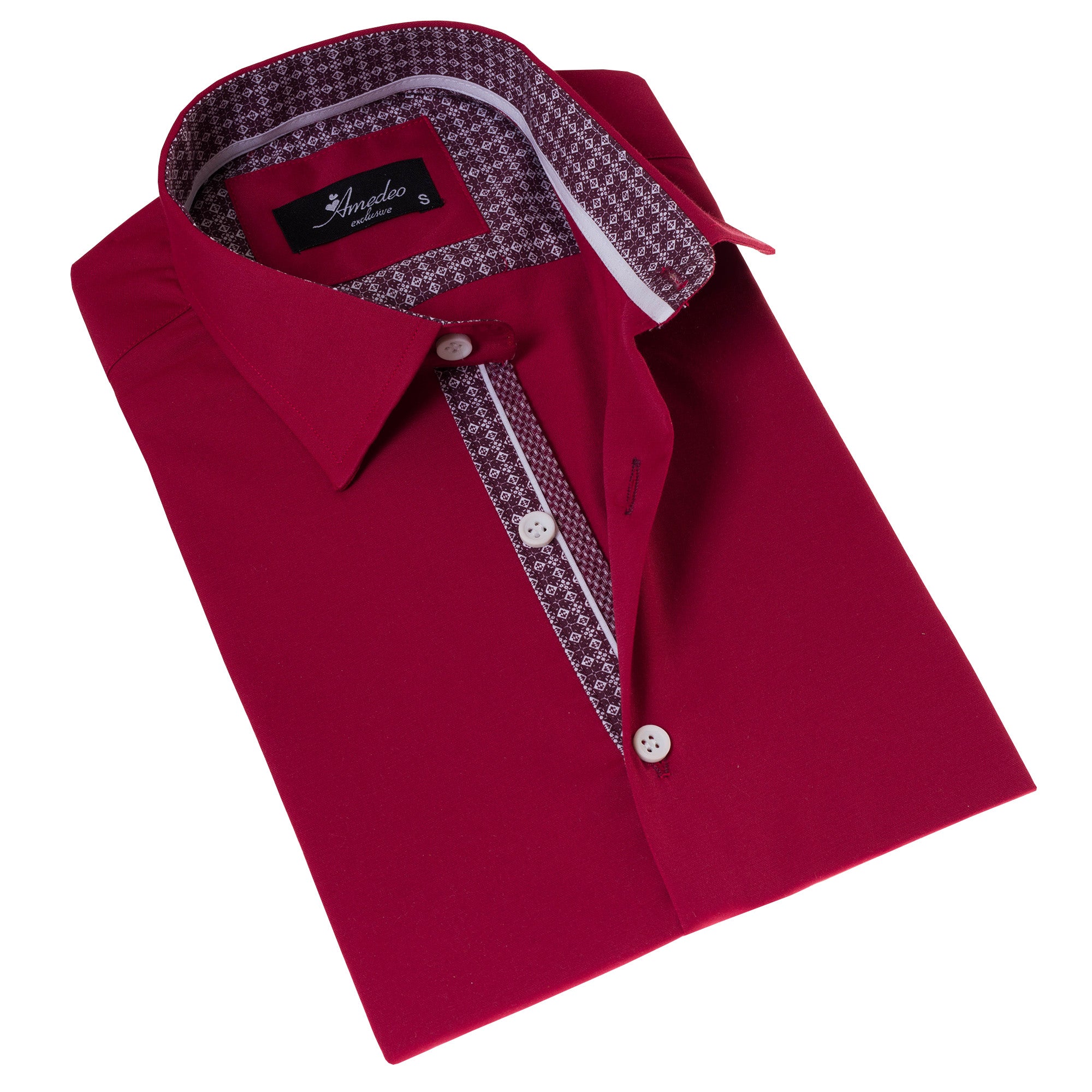 Red with Burgundy Interior Paisley Short Sleeve Button-Up Shirt - Slim Fit Cotton