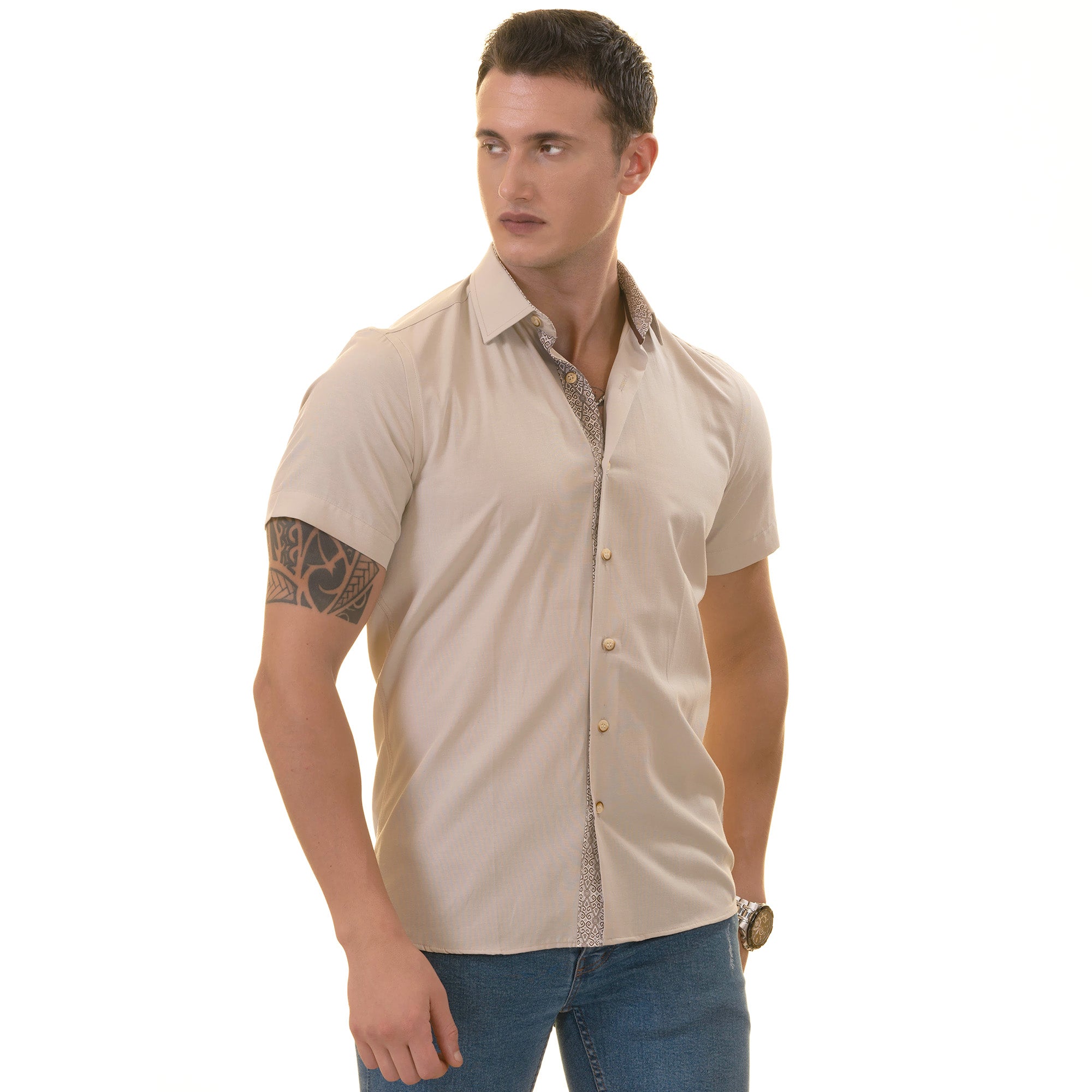 Beige Inside Different Paisley Short Sleeve Button-Up Shirt - Slim Fit Cotton - Image 2