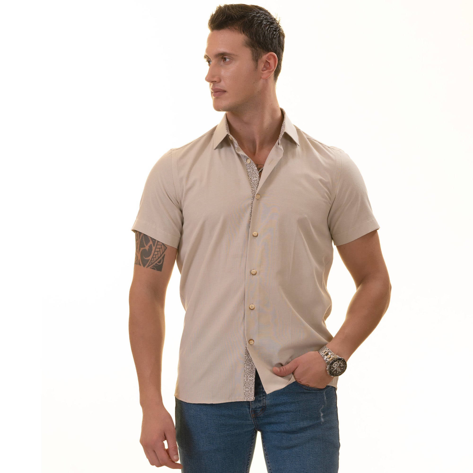 Beige Inside Different Paisley Short Sleeve Button-Up Shirt - Slim Fit Cotton - Image 4