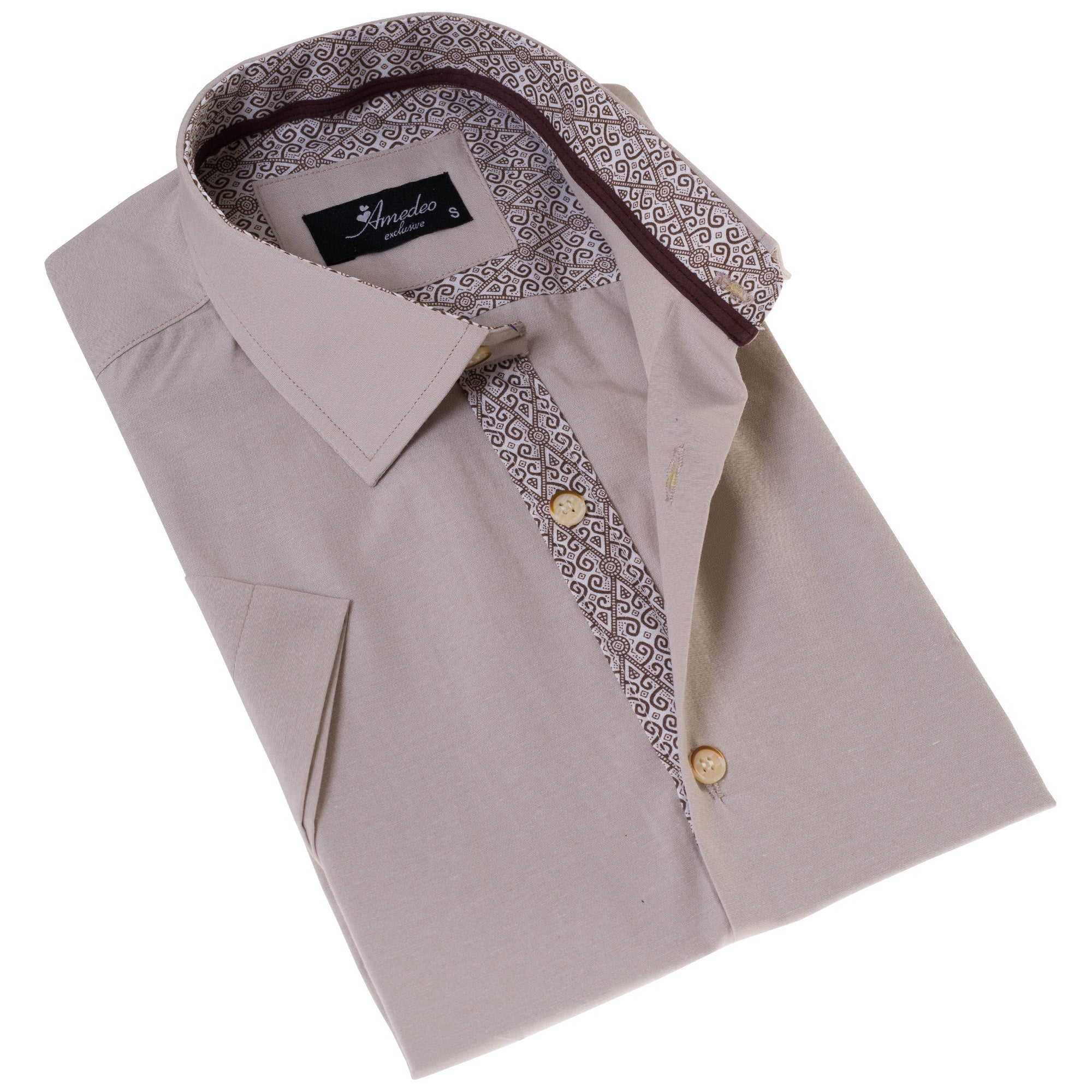 Beige Inside Different Paisley Short Sleeve Button-Up Shirt - Slim Fit Cotton