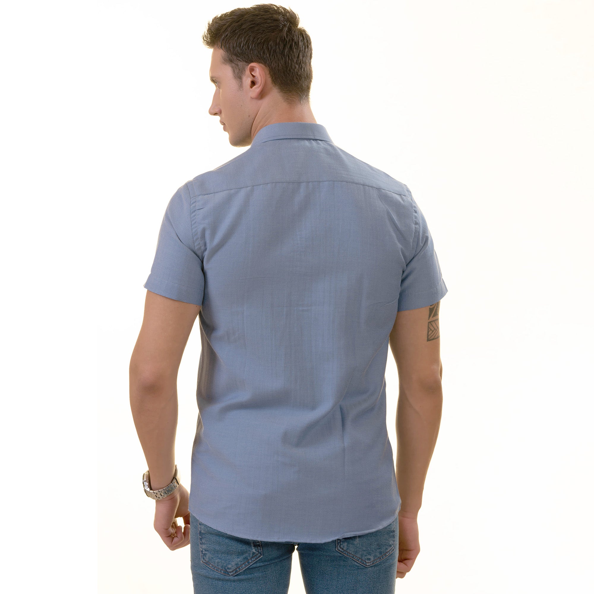 Blue Oxford Inside Floral Paisley Short Sleeve Button-Up Shirt - Slim Fit Cotton - Image 5