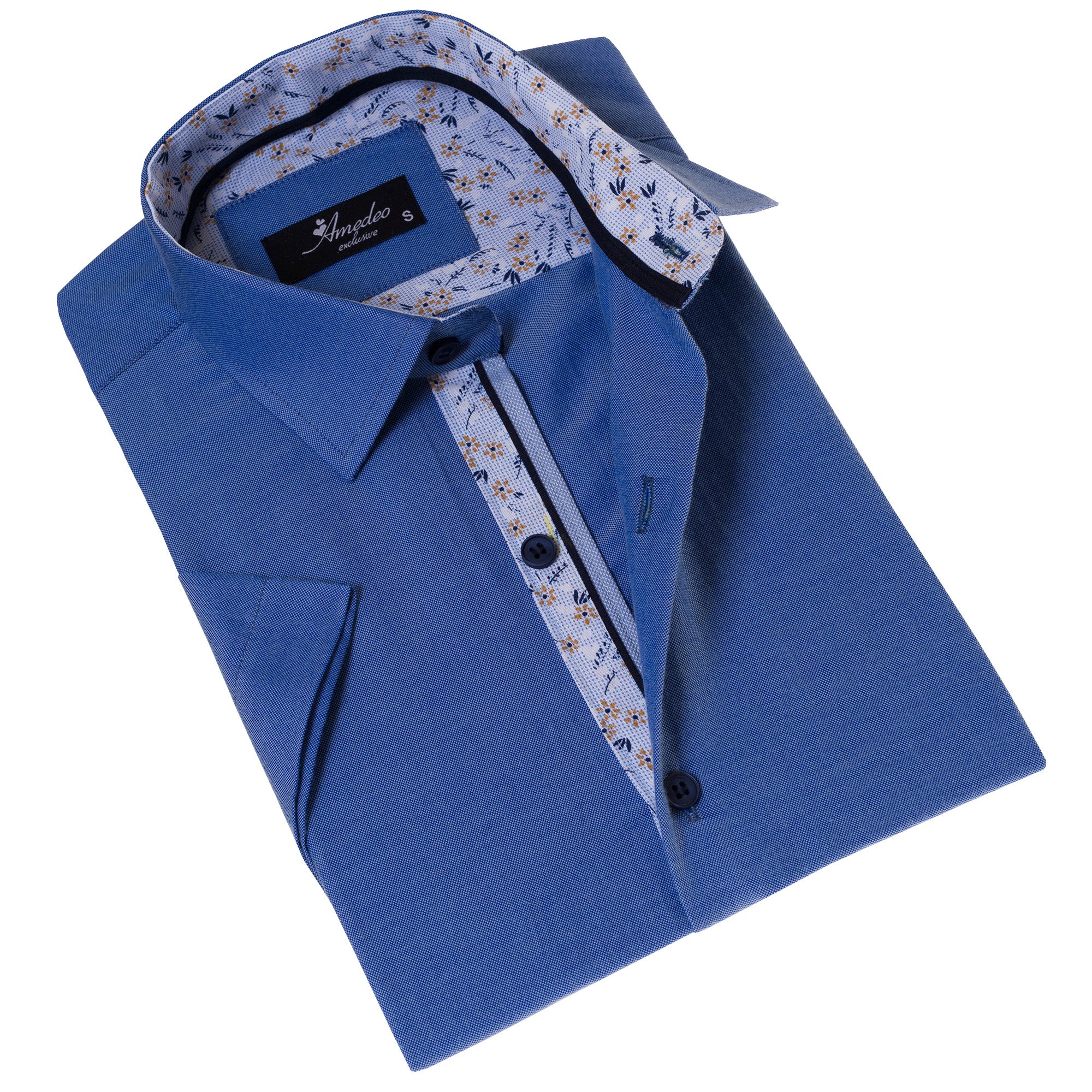 Blue Oxford Inside Floral Paisley Short Sleeve Button-Up Shirt - Slim Fit Cotton