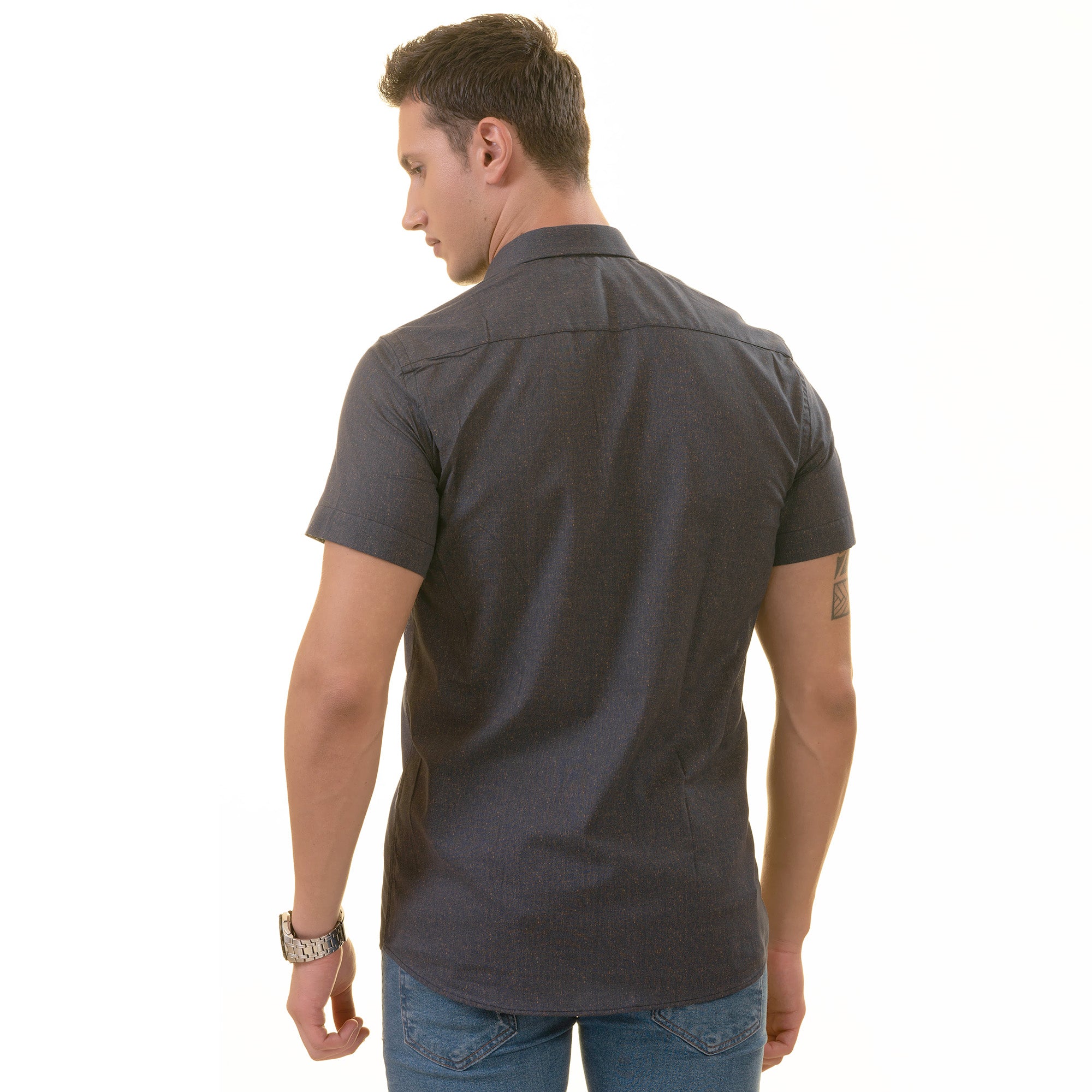 Navy Mustard Designer Paisley Short Sleeve Button-Up Shirt - Slim Fit Cotton - Image 5