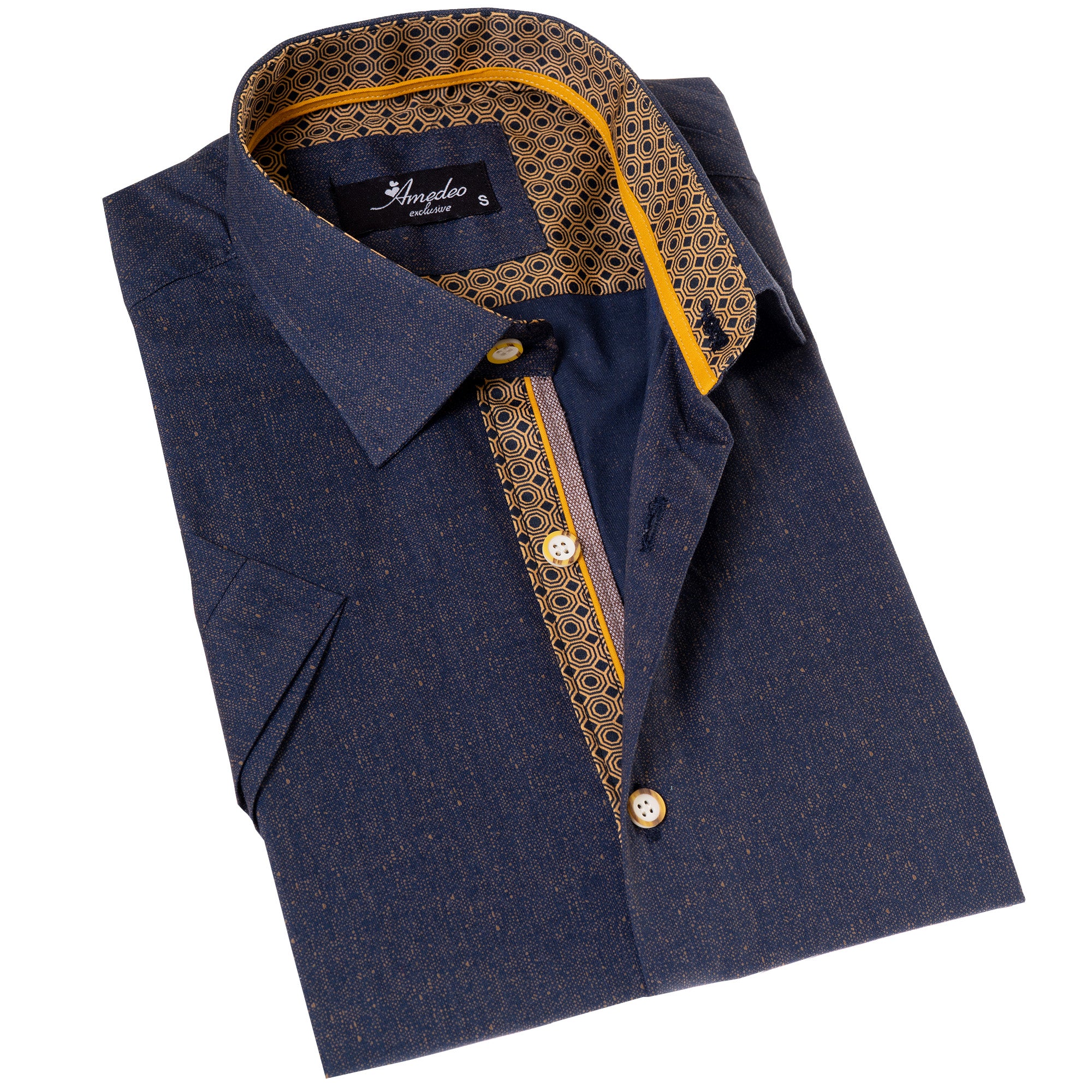 Navy Mustard Designer Paisley Short Sleeve Button-Up Shirt - Slim Fit Cotton