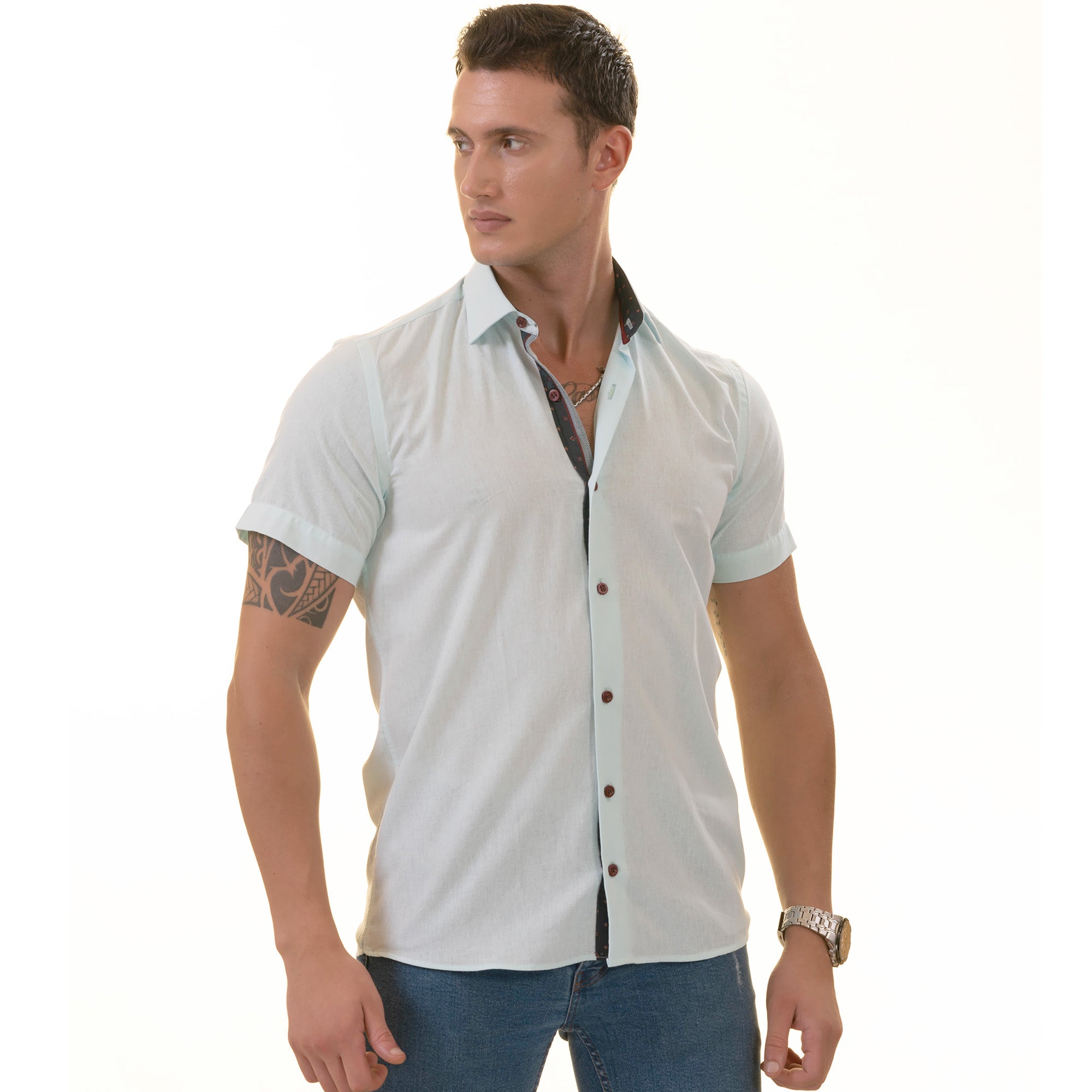 Mint Green Paisley Short Sleeve Button-Up Shirt - Slim Fit Cotton Dress Shirt - Image 3