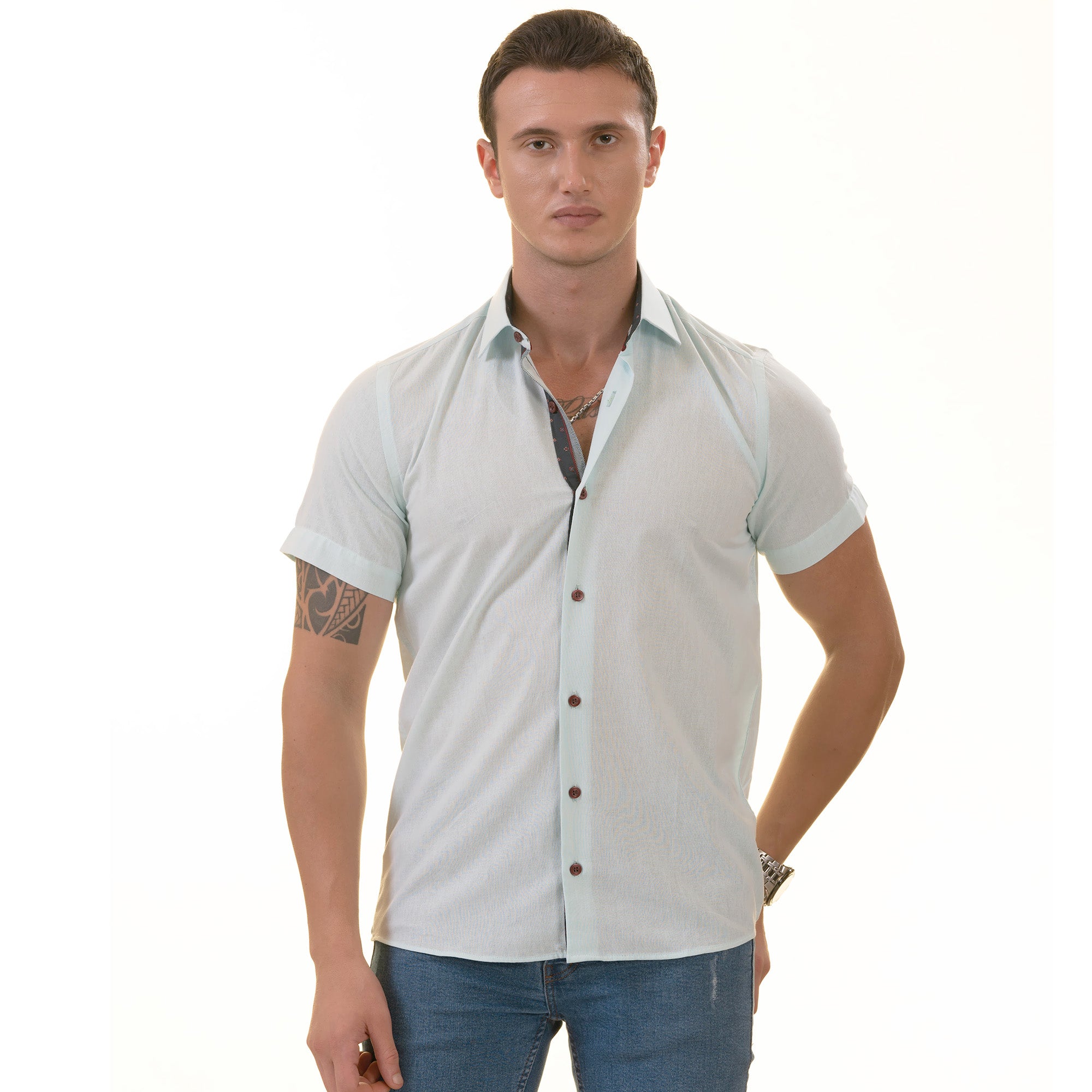 Mint Green Paisley Short Sleeve Button-Up Shirt - Slim Fit Cotton Dress Shirt - Image 4
