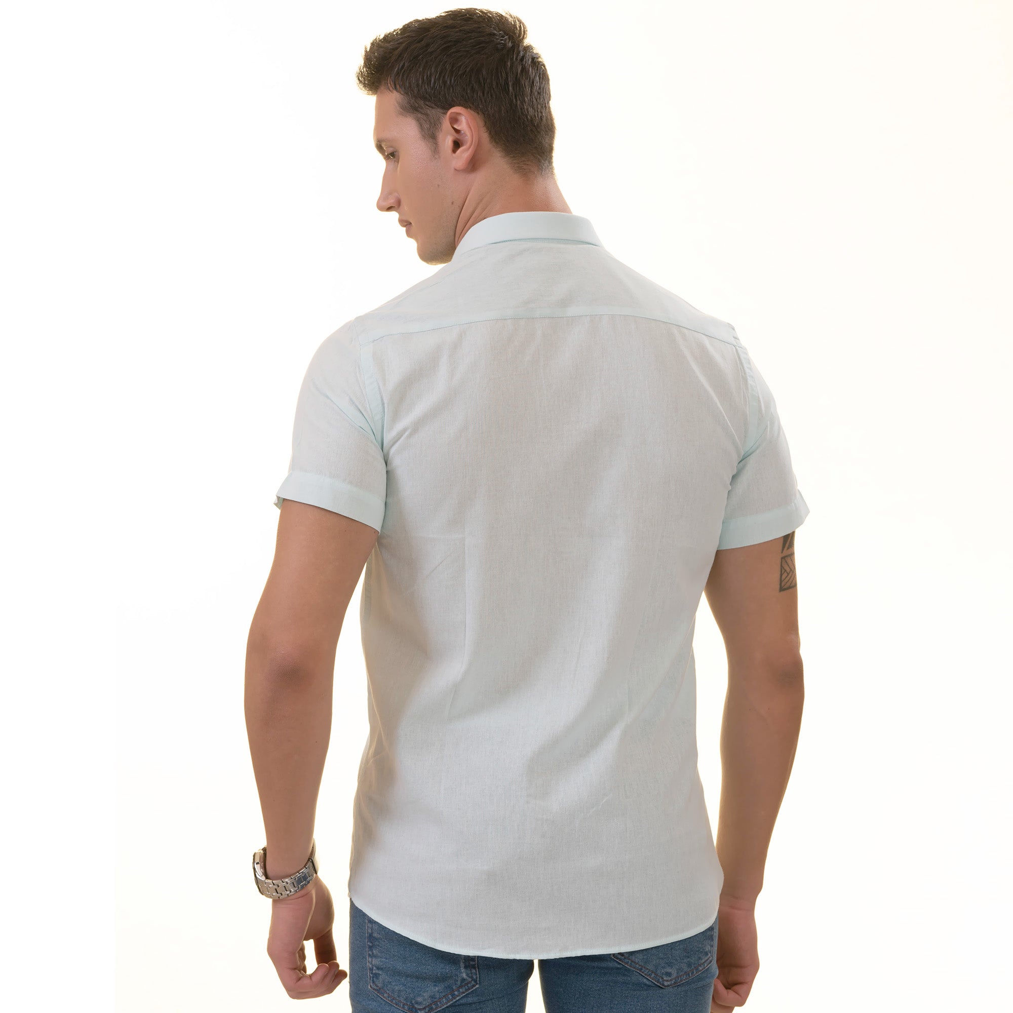 Mint Green Paisley Short Sleeve Button-Up Shirt - Slim Fit Cotton Dress Shirt - Image 5