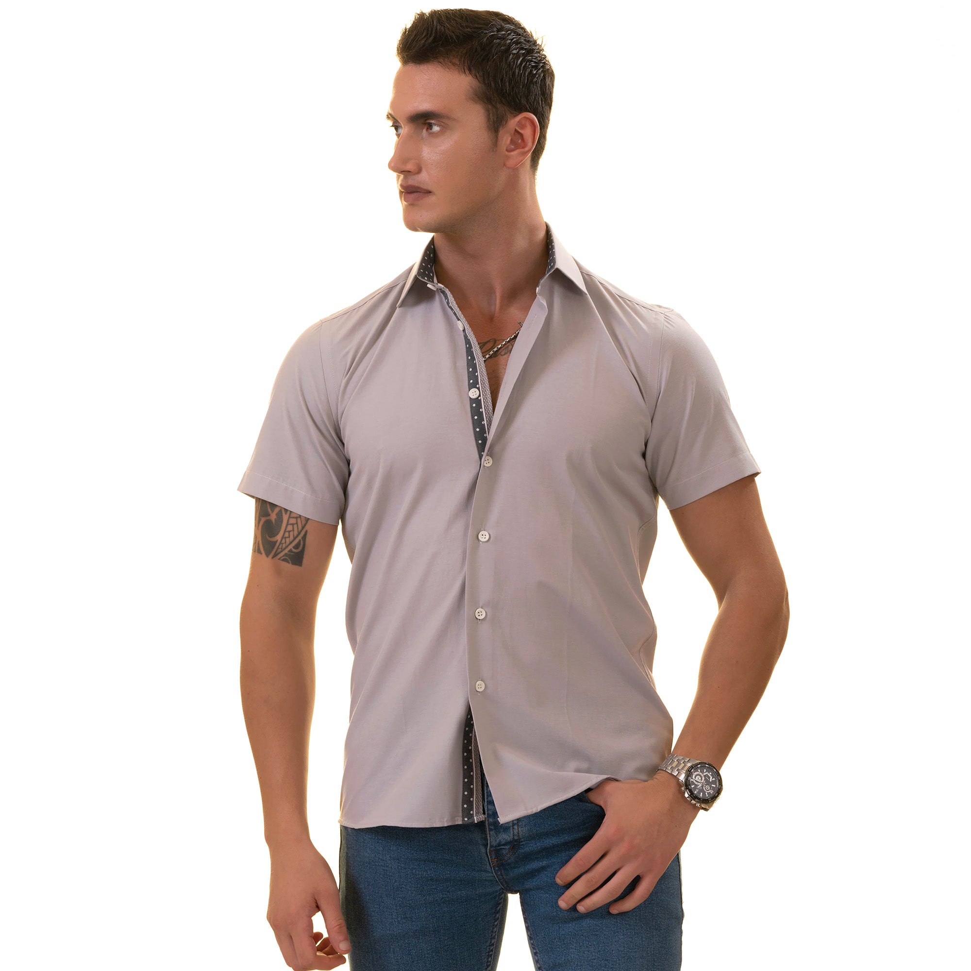Light Purple Button-Up Shirt - Short Sleeve Slim Fit Cotton Premium - Image 2