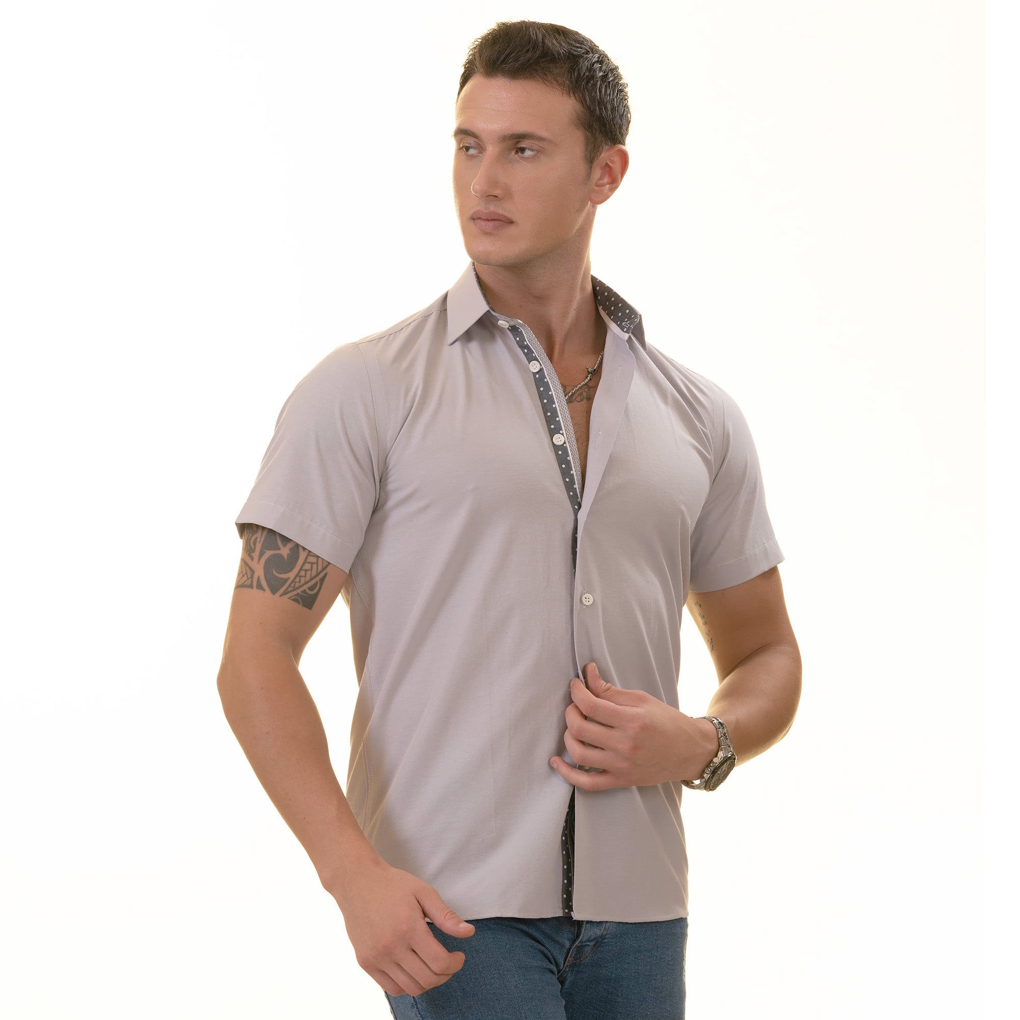 Light Purple Button-Up Shirt - Short Sleeve Slim Fit Cotton Premium - Image 4