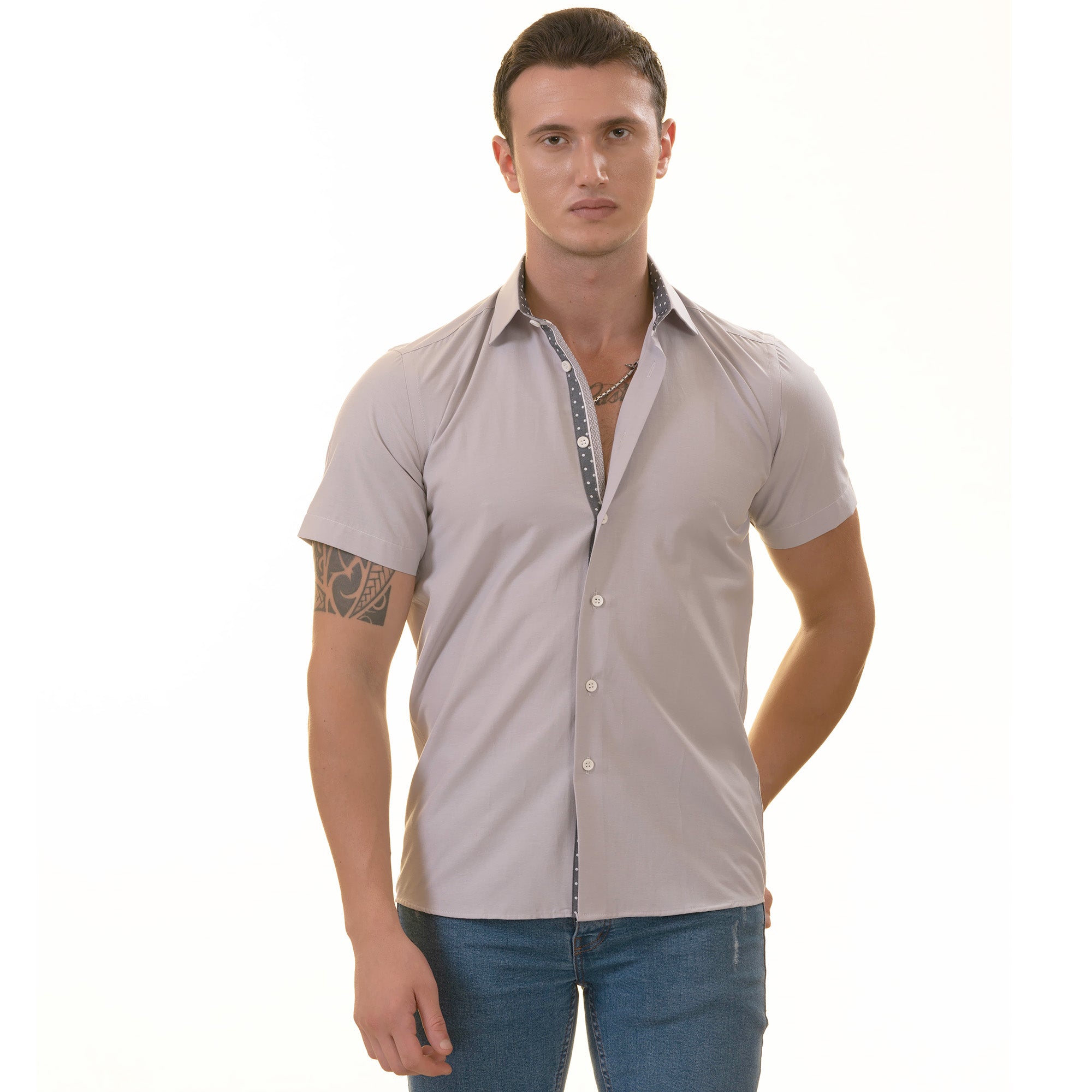 Light Purple Button-Up Shirt - Short Sleeve Slim Fit Cotton Premium - Image 5