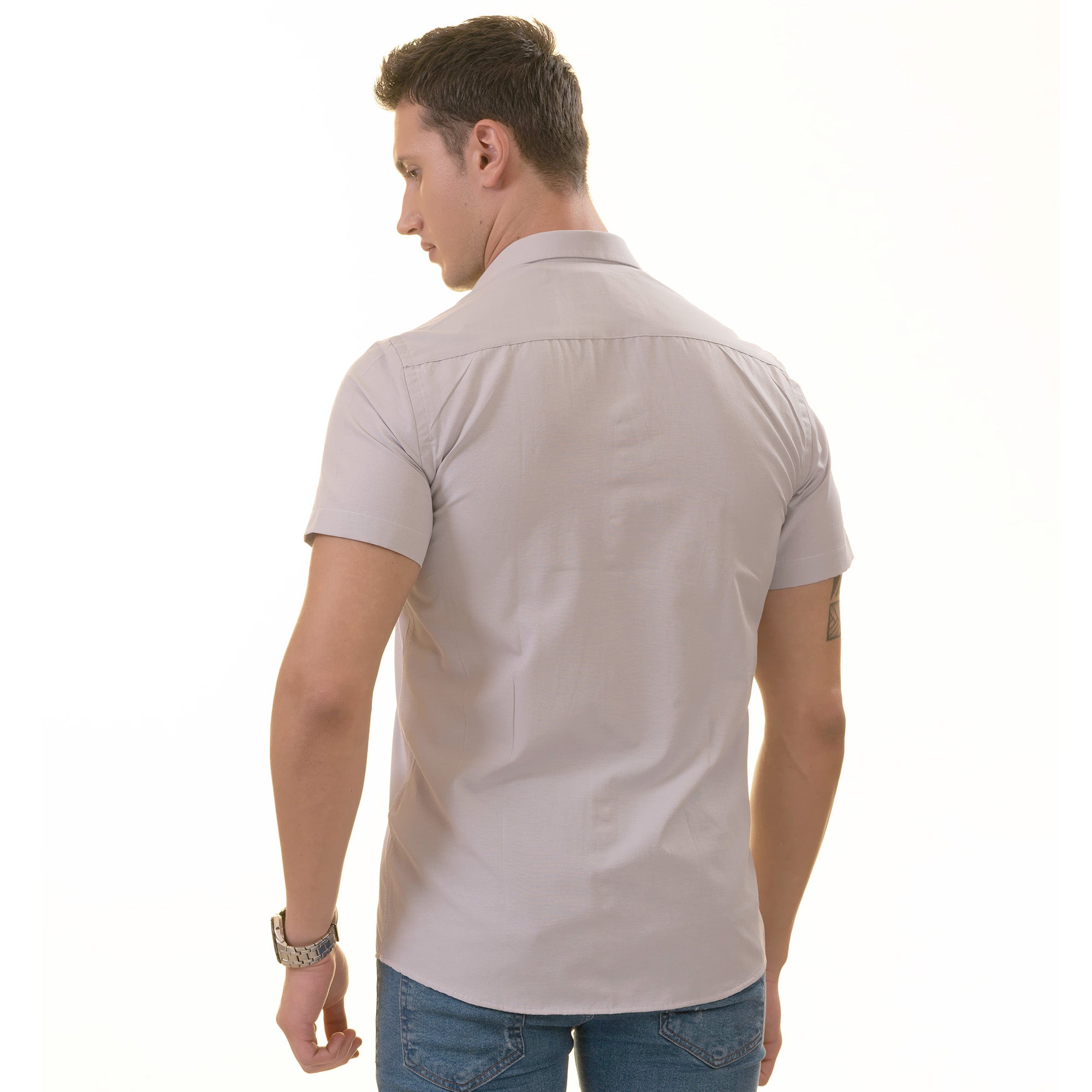 Light Purple Button-Up Shirt - Short Sleeve Slim Fit Cotton Premium - Image 3