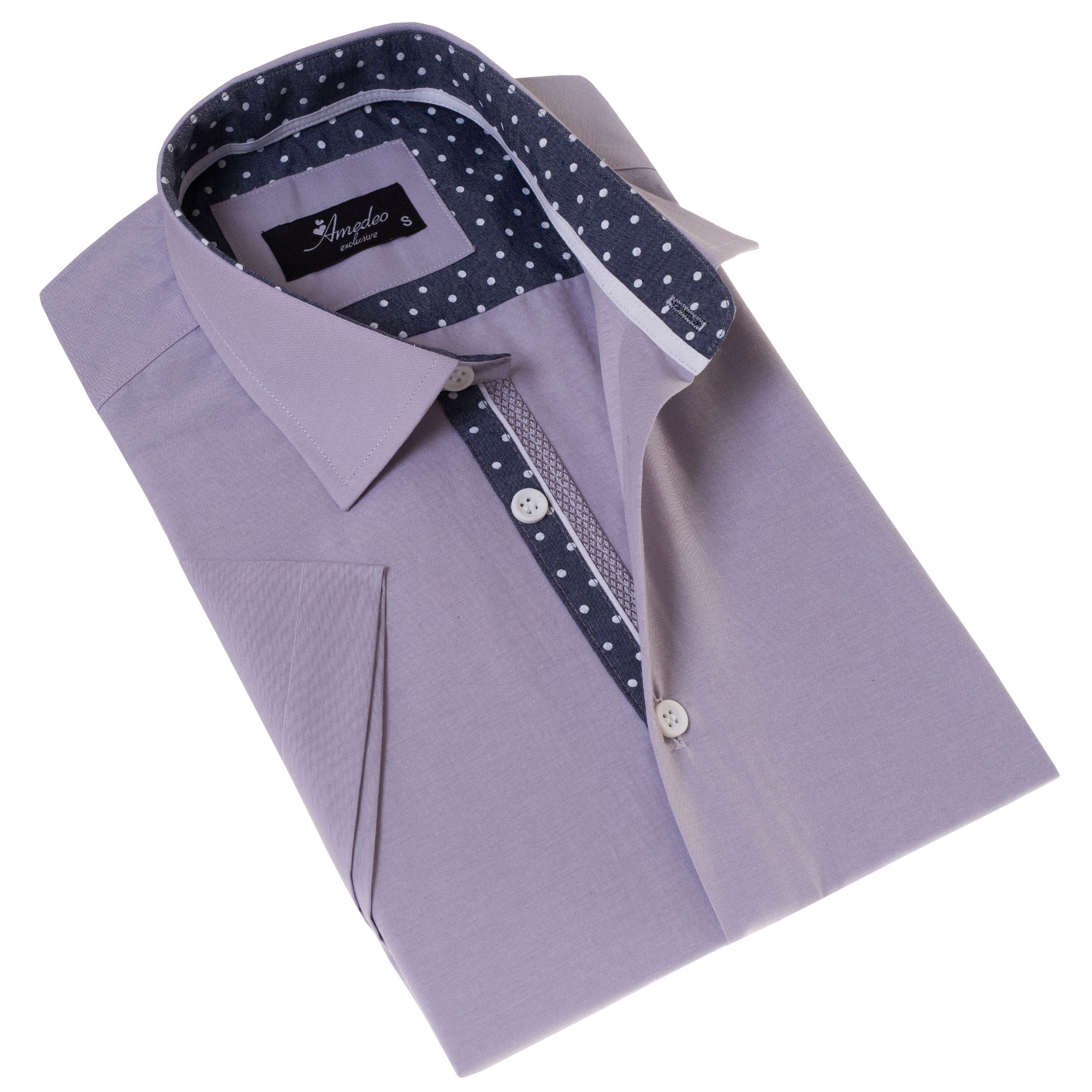 Light Purple Button-Up Shirt - Short Sleeve Slim Fit Cotton Premium