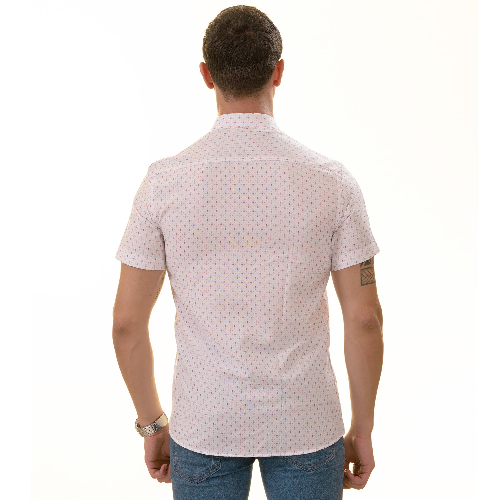 White Burgundy Paisley Slim Fit Short Sleeve Cotton Printed Button-Up Shirt - Image 2