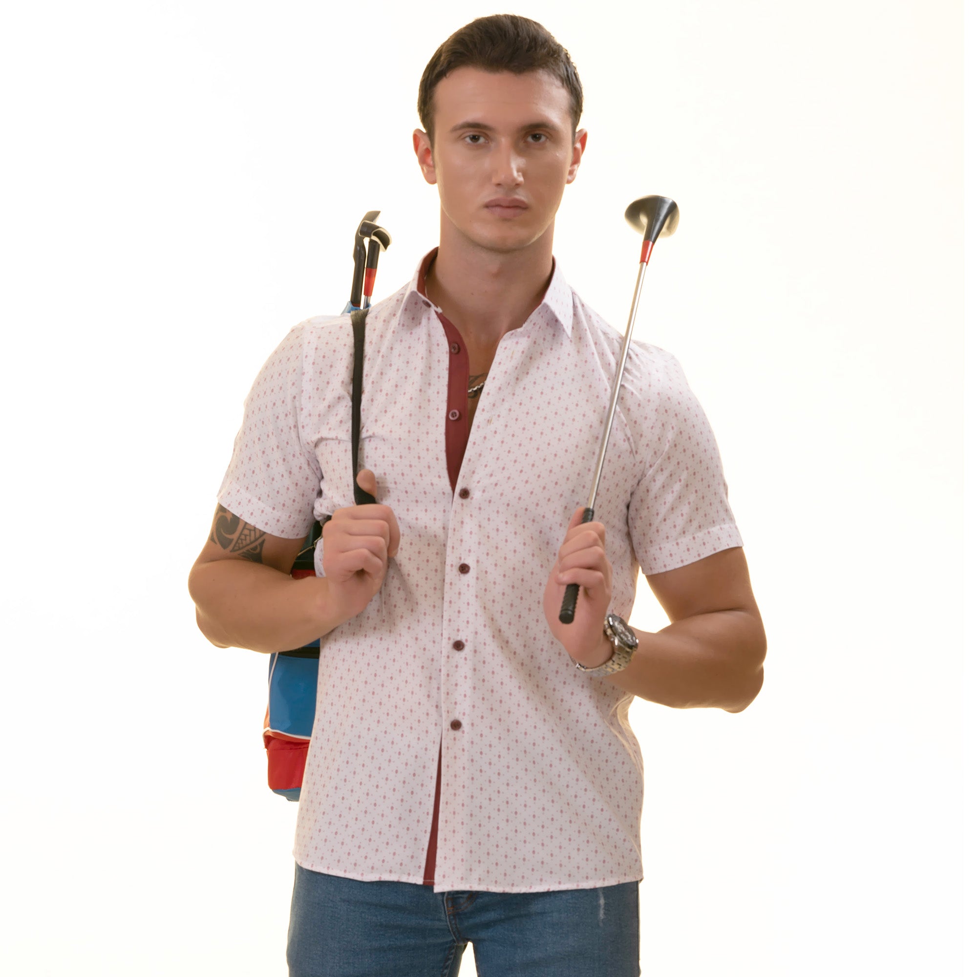 White Burgundy Paisley Slim Fit Short Sleeve Cotton Printed Button-Up Shirt - Image 4