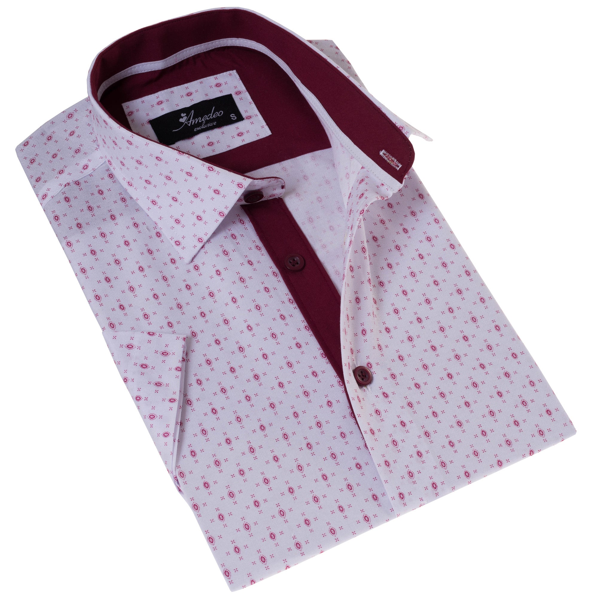 White Burgundy Paisley Slim Fit Short Sleeve Cotton Printed Button-Up Shirt
