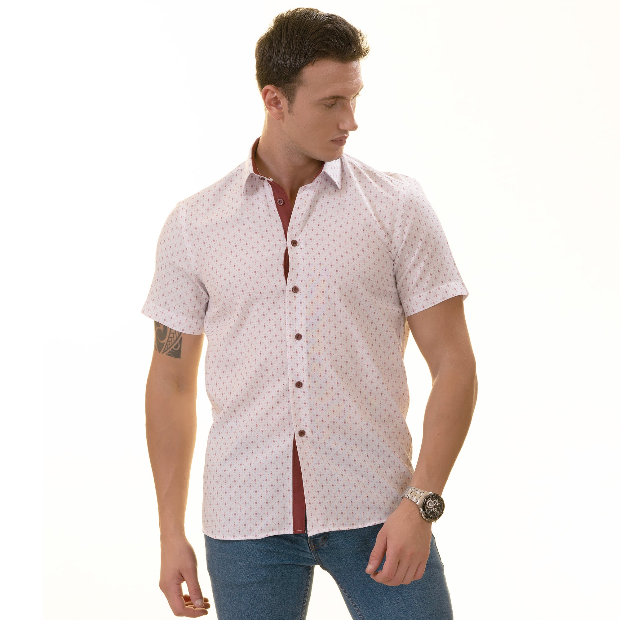 White Burgundy Paisley Slim Fit Short Sleeve Cotton Printed Button-Up Shirt - Image 3