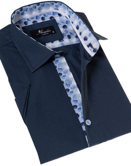 A navy blue, short sleeve dress shirts for men with a spread collar, made of luxury European cotton, displayed on a white background.