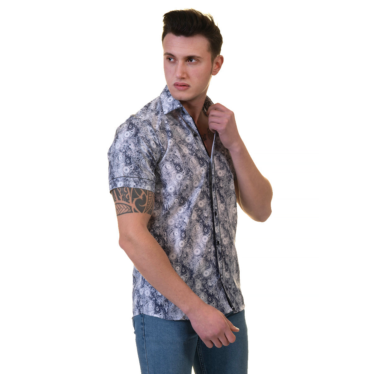 Blue and White Mens Short Sleeve Button up Shirts - Tailored Slim Fit Cotton French Cuff Shirts