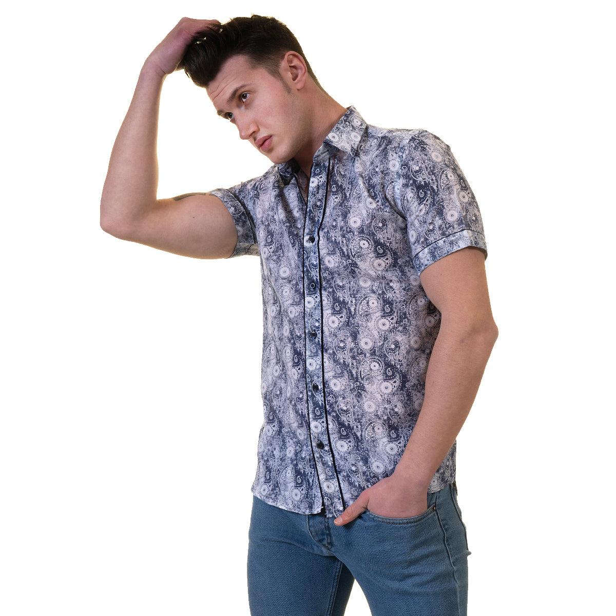 Blue and White Mens Short Sleeve Button up Shirts - Tailored Slim Fit Cotton French Cuff Shirts - Image 3