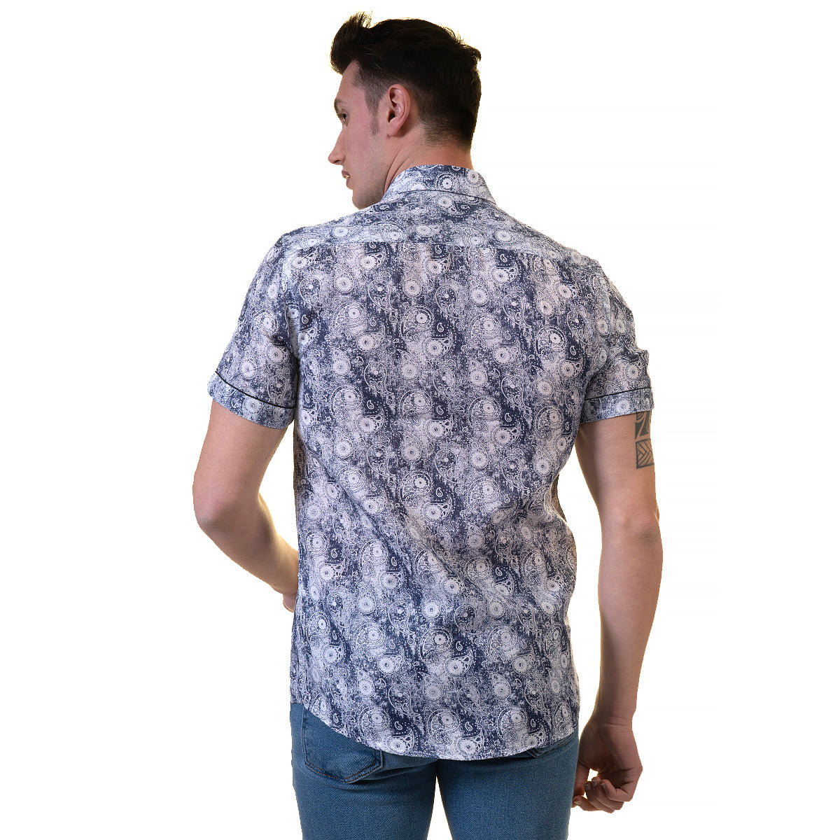 Blue and White Mens Short Sleeve Button up Shirts - Tailored Slim Fit Cotton French Cuff Shirts - Image 4